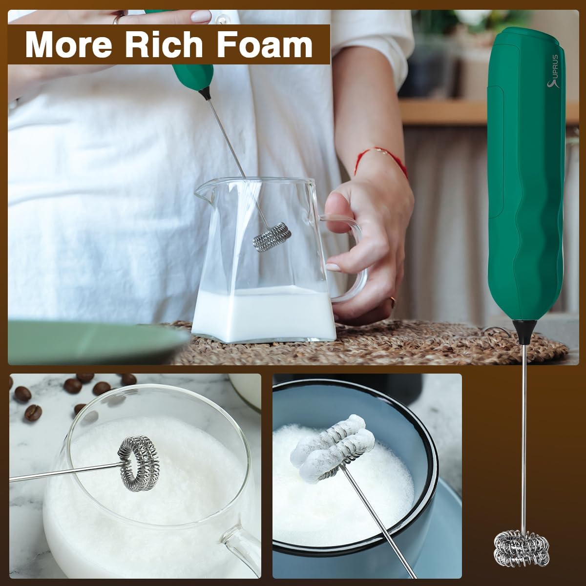 SUPRUS Ultra Fast Handheld Milk Frother Double Whisk with Stand 2 Batteries Stainless Steel for Lattes Cappuccino Matcha Hot Chocolate Coffee Bar Accessories Kitchen Gadgets Gift