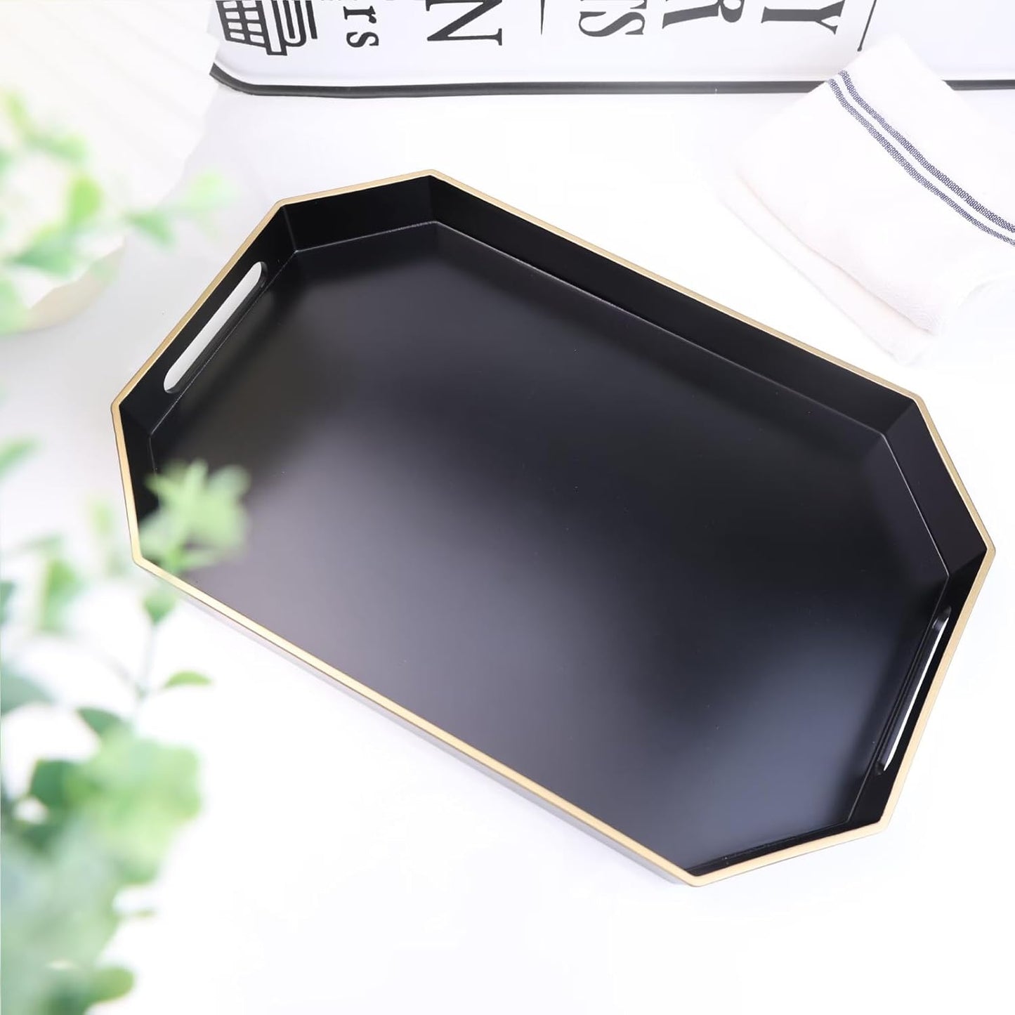 Black Decorative Tray with Handles, Octagon Versatile Serving Tray for Coffee Table, Ottoman, Ideal for Serving, Displaying, Organizing