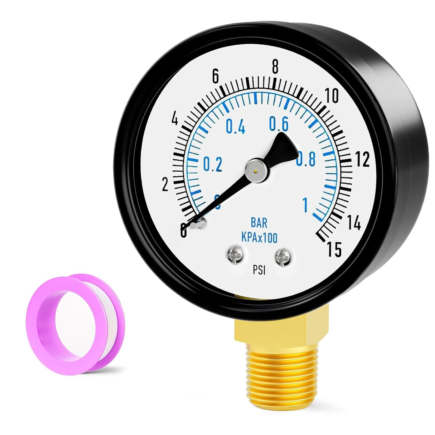 0-15PSI Well Pump Pressure Gauge 2" Dial Size, 1/4" NPT Lower Mount, 3-2-3% Accuracy, for Tube, Water Pump, Gas, Liquid, Pressure Test