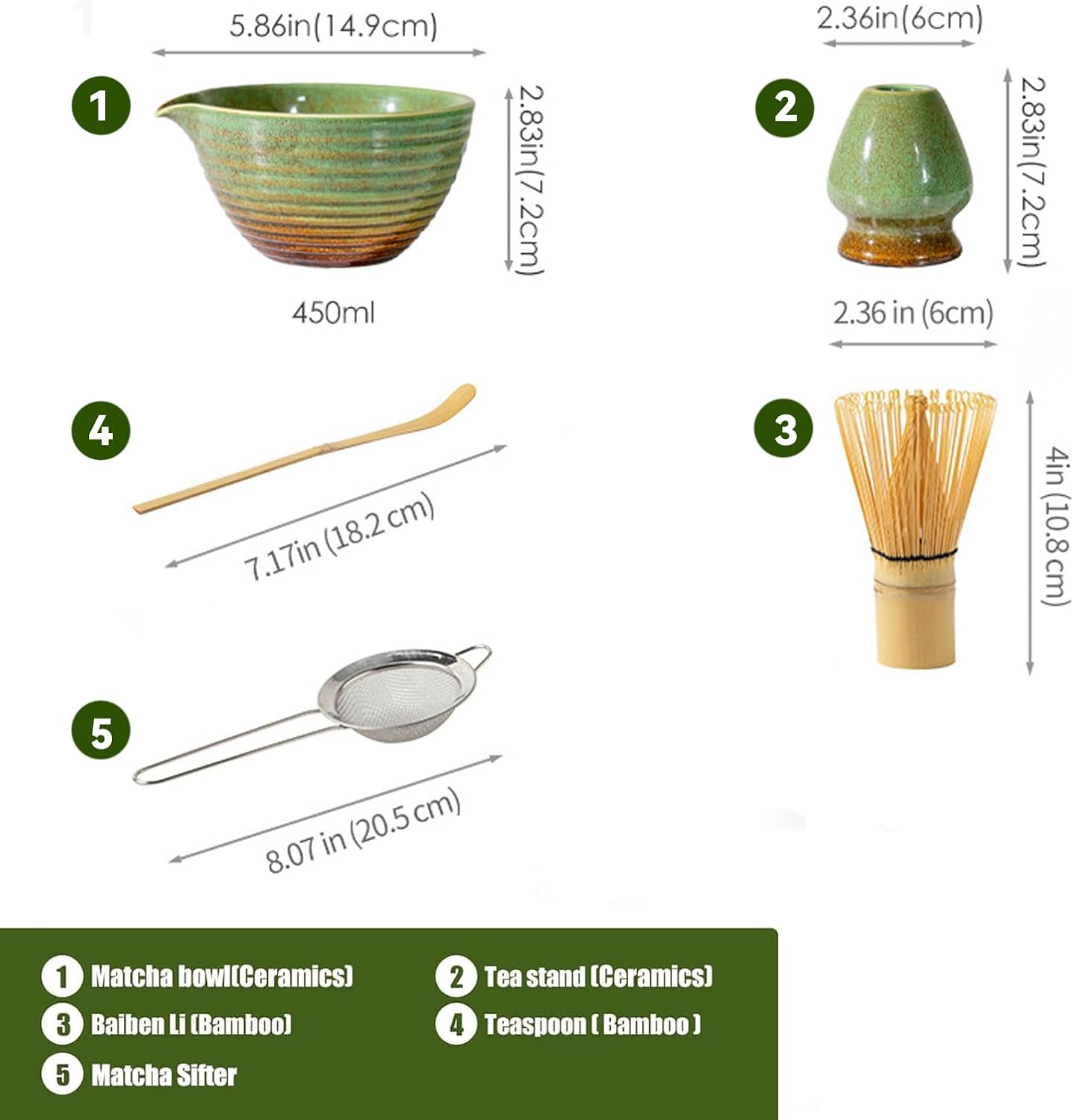 Matcha Whisk Set, Japanese Matcha Set Includes Matcha Bowl with Spout, Matcha Whisk Holder, Bamboo Matcha Whisk and Sifter Scoop, 17 oz Green Glaze Ceramic Matcha Kit for Tea Lovers