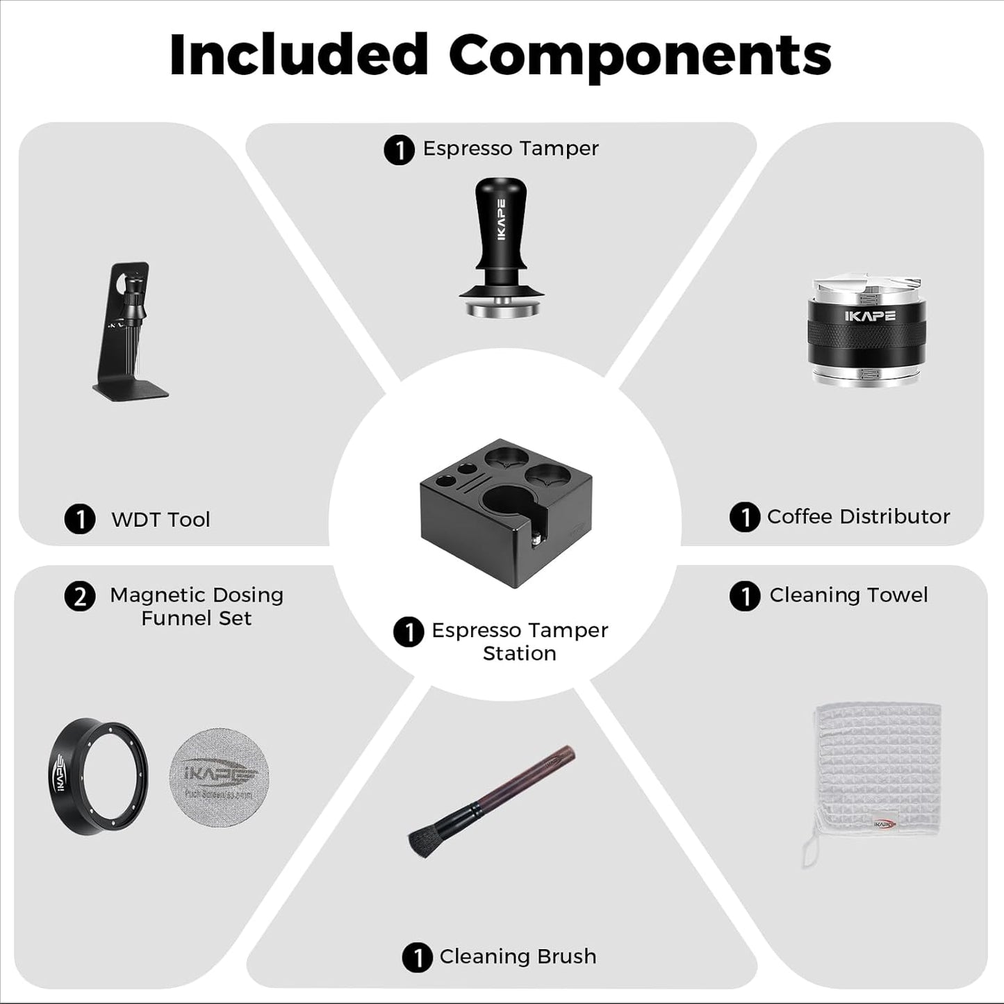 IKAPE 53MM Black Espresso Tool Set 8 IN 1, Coffee Tamper, Distributor, Magnetic Funnel, Puck Screen, Tamper Station, Stirrer Distribution Tool, Cleaning Towel and Brush