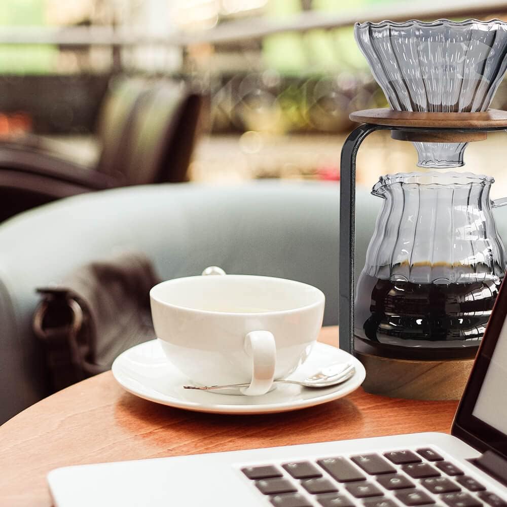 SOTECH Pour Over Coffee Station Dripper Stand Coffee Filter Wooden Filter Holder Glass Server with Paper Coffee Filters, Coffee Maker Stand Set for Coffee Tea and Saffron