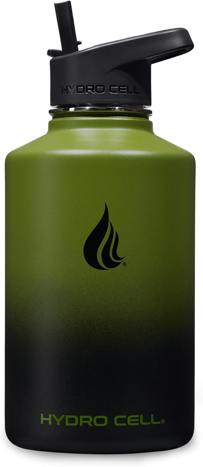 HYDRO CELL Stainless Steel Insulated Water Bottle with Straw - For Cold & Hot Drinks - Metal Vacuum Flask with Screw Cap and Modern Leakproof Sport Thermos for Adults (Army/Black 64oz)