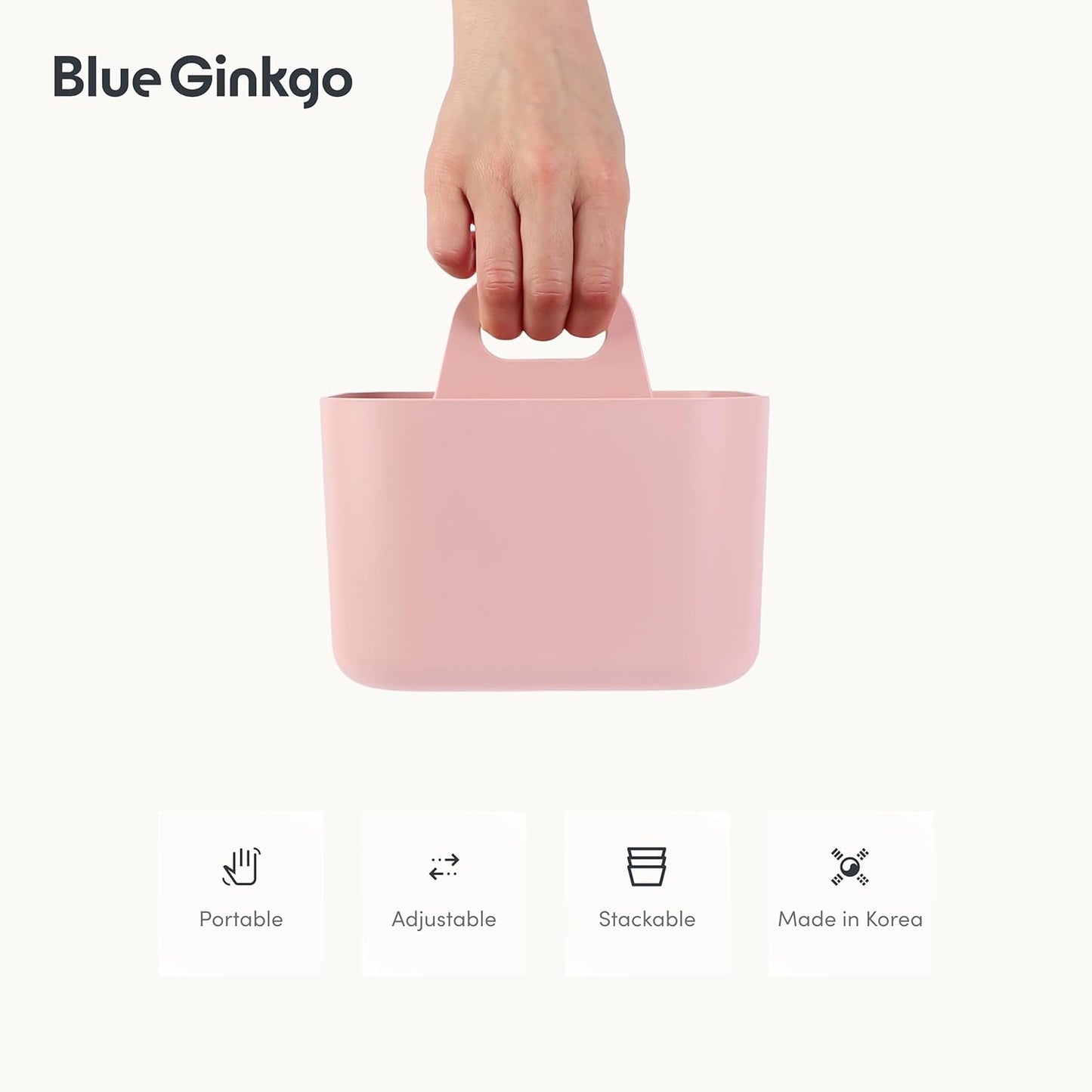 BLUE GINKGO Small Stackable Organizer Caddy – Korean-Made Portable Tote for Bathroom, Office, Crafts, or School Supplies (Square, Pink)