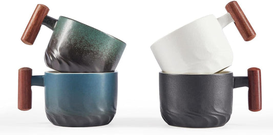 6 Oz Ceramic Espresso Mugs with Wooden Handle, Demitasse Cups for Double Shot Latte Cappuccino Lungo Tea Bag Beverage, Espresso Cups Set of 4