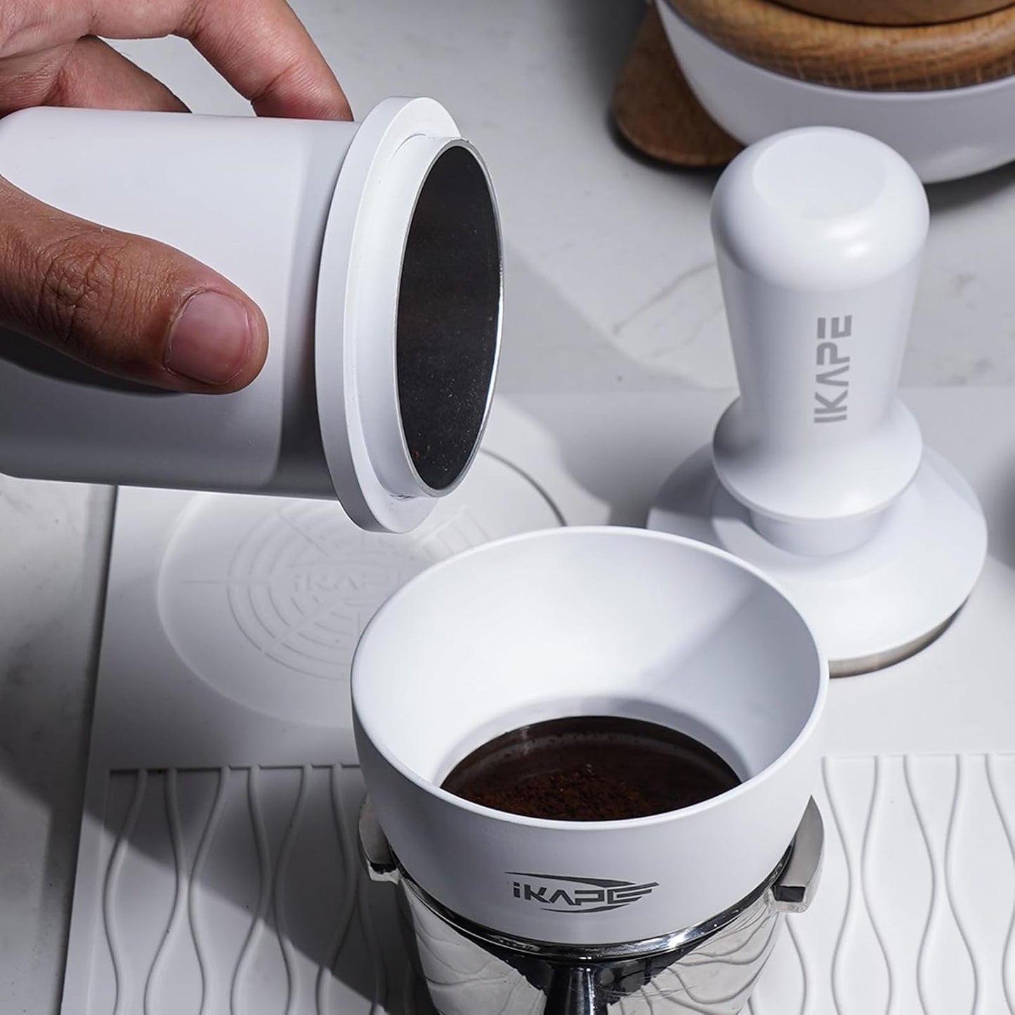 IKAPE 58.5mm Espresso Tamper, Premium Barista Coffee Tamper with Calibrated Spring Loaded, 100% Stainless Steel Base Tamper (White)