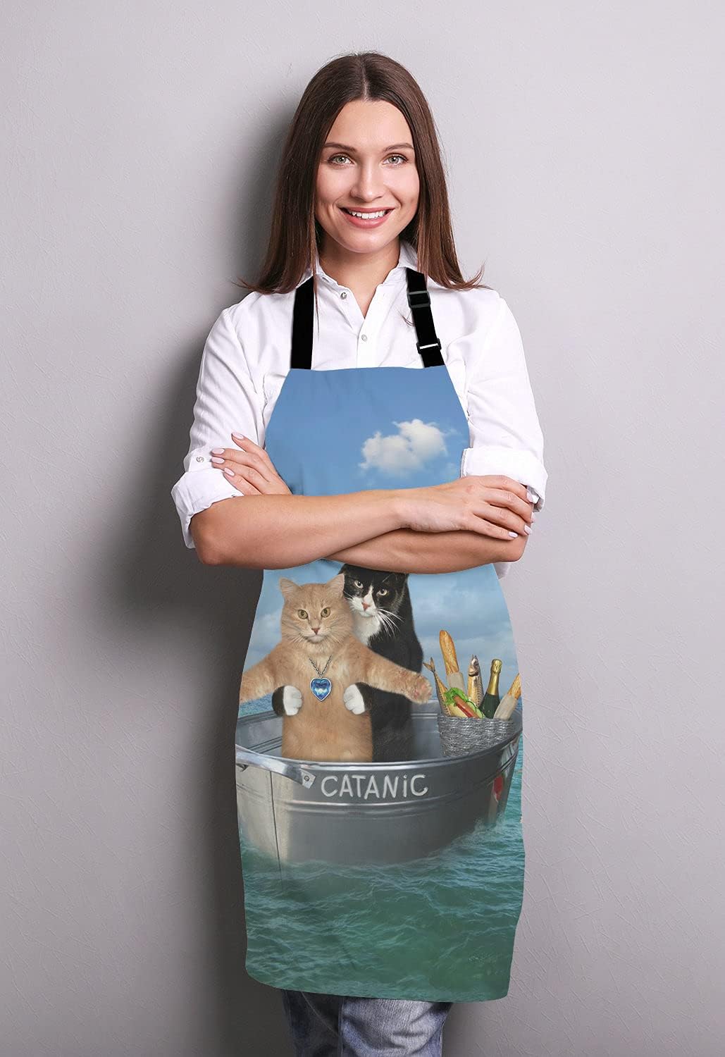 Funny Cats Adjustable Bib Apron, The two brave cats are drifting in the steel Cooking Kitchen Apron for Men Women