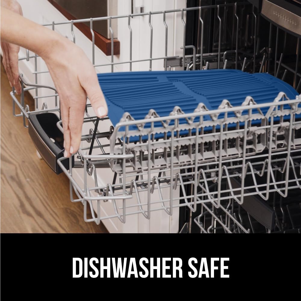 GORILLA GRIP 100% BPA-Free Patented Silicone Dish Drying Mat for Kitchen Counter, Water Catching Ribbed Design, Easy Clean Waterproof Sink Liner, Heat Resistant, Fits Under Rack, 13x11 Inch, Blue