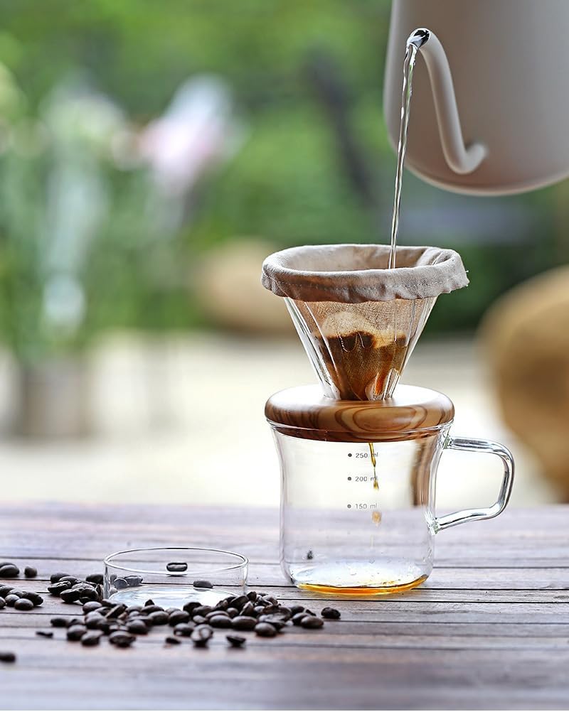 ATHIA Glass Pour Over Coffee Dripper Set, Glass Cone Dripper, Reusable Cloth Filter, Leather Cup Sleeve, Minimal Single Cup SET, for outdoor, office or at home (Olive Wood)