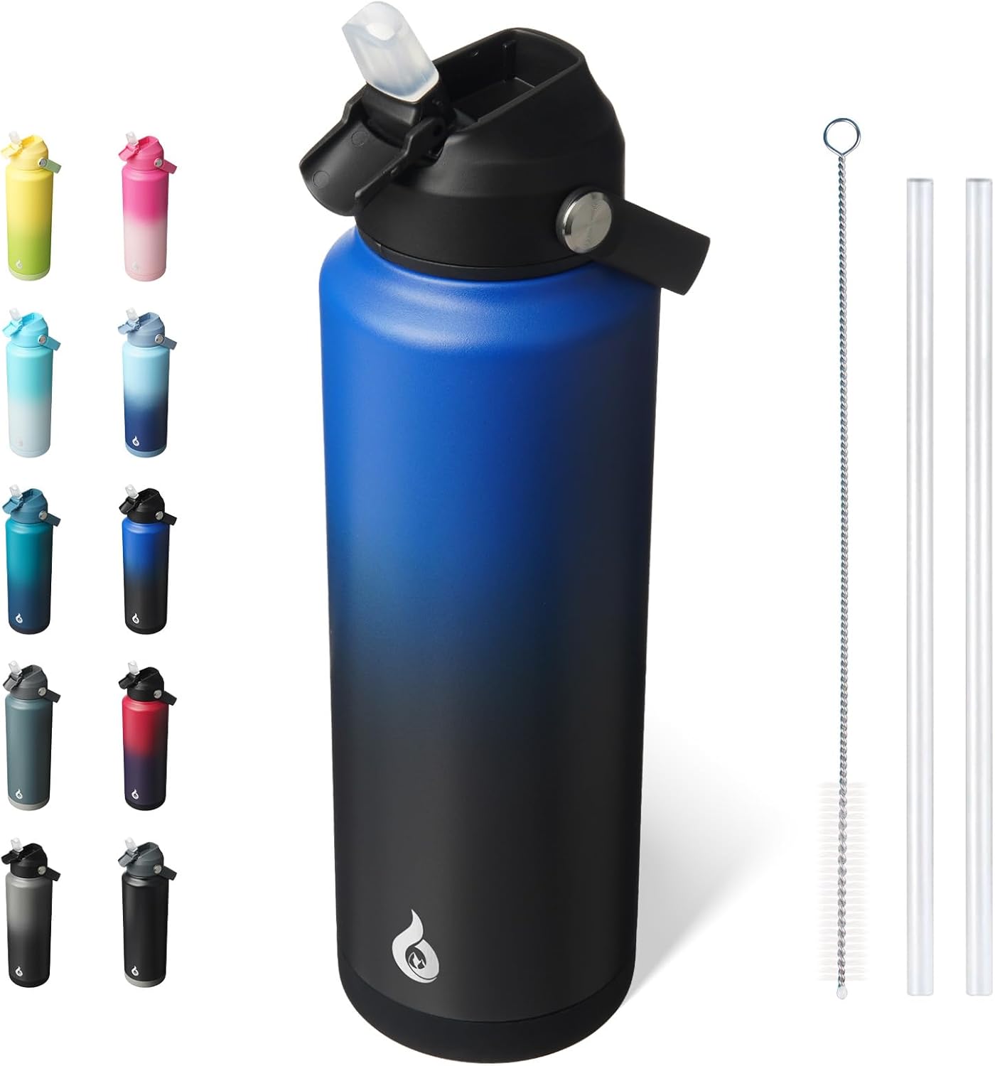 BJPKPK Insulated Water Bottle with Straw Lid, 40oz Large Thermos, BPA Free Leak Proof Stainless Steel Metal Water Bottles, Tumblers, Cups, Flasks for Travel, Sports,Black Blue