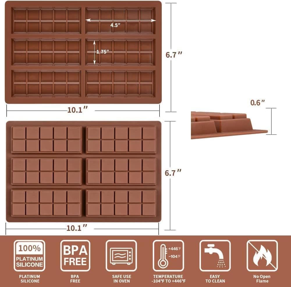 Chocolate Bar Molds Deep Silicone Break-Apart Chocolate Nonstick Protein and Energy Thick Candy Bar Mold Wax Melt Mold 2 Pack (10 Snap)