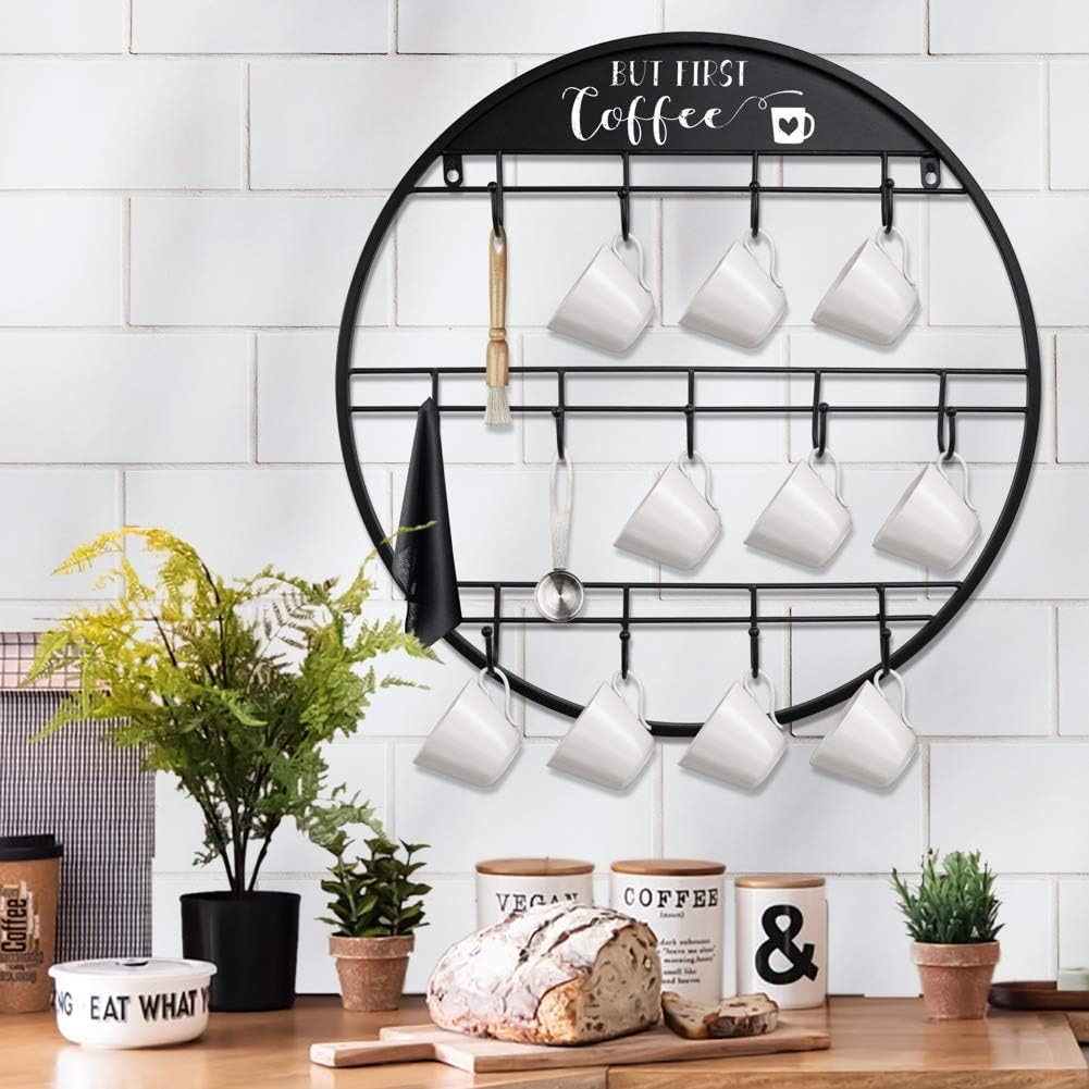 AJART Coffee Bar Decor Mug Holder: 22" Round Square Coffee Cup Rack for Home Kitchen Office Dining Room Cafe Bar