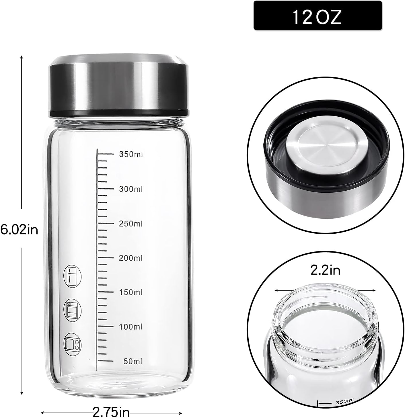 12Oz Glass Water Bottle with Lid and Sleeve,0.15in/3.8mm Thick Glass Shaker Bottles for Protein Mixes,Juicing,Smoothies, Infused Water,Beverage,Wide Mouth Small Reusable Coffee Bottle