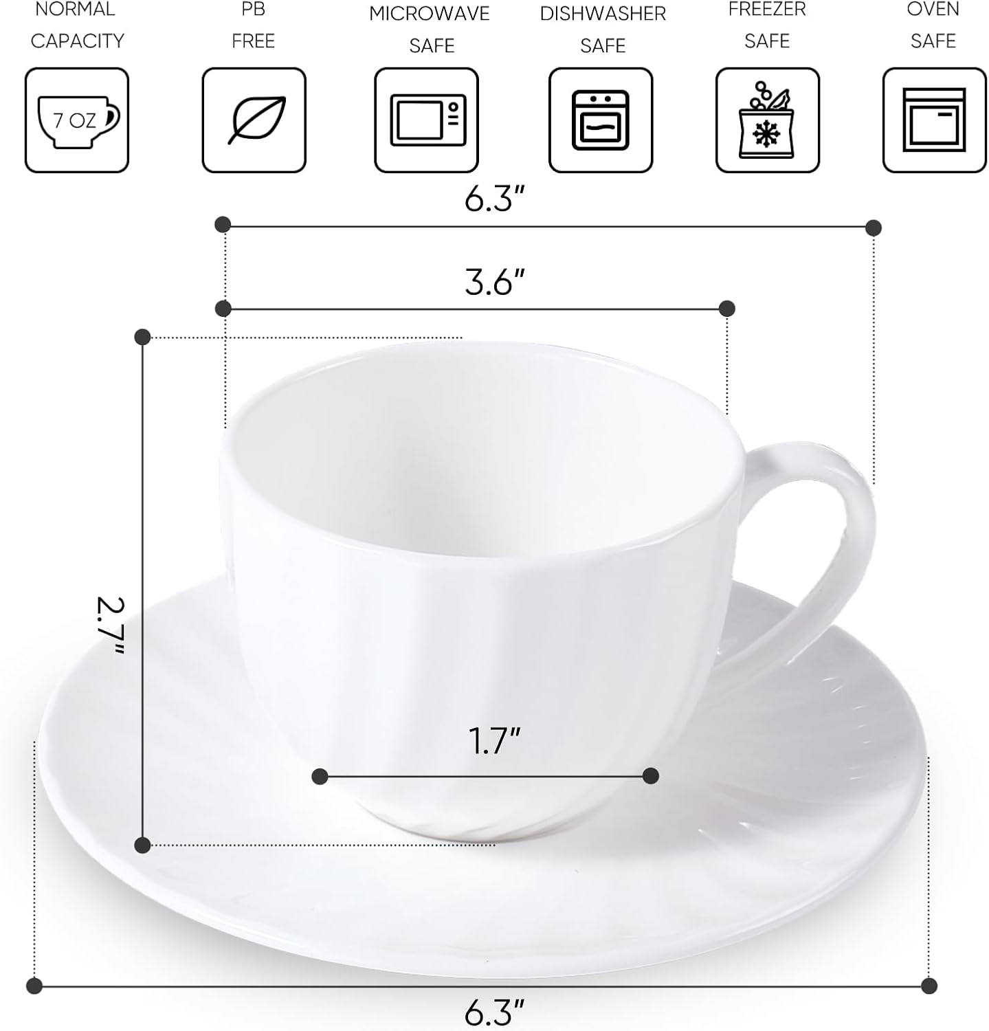 Fine Bone China Cappuccino Mugs Set of 4, 7 Oz Spiral Pattern Lightweight Ceramic, Art Coffee Cups with Saucers, for Latte, Mocha, Tea, Espresso, Macchiato, Americano