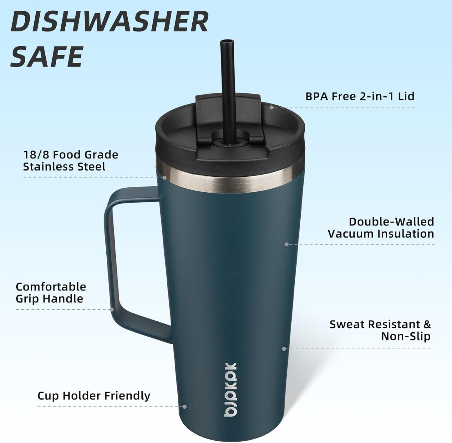 BJPKPK Insulated Tumbler with Handle, 22oz Insulated Tumblers with Lid and Straw, Stainless Steel Metal Water Bottles, Coffee Travel Mugs, Cups, Navy Blue