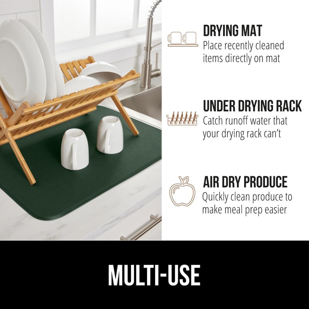 GORILLA GRIP Ultra Water Absorbent Microfiber Dish Drying Mat, 18x24, Quick Dry Thick Mesh, Slip Resistant Pad for Sink Dishes or Under Rack, Kitchen Counter Accessories, Machine Wash, Hunter Green