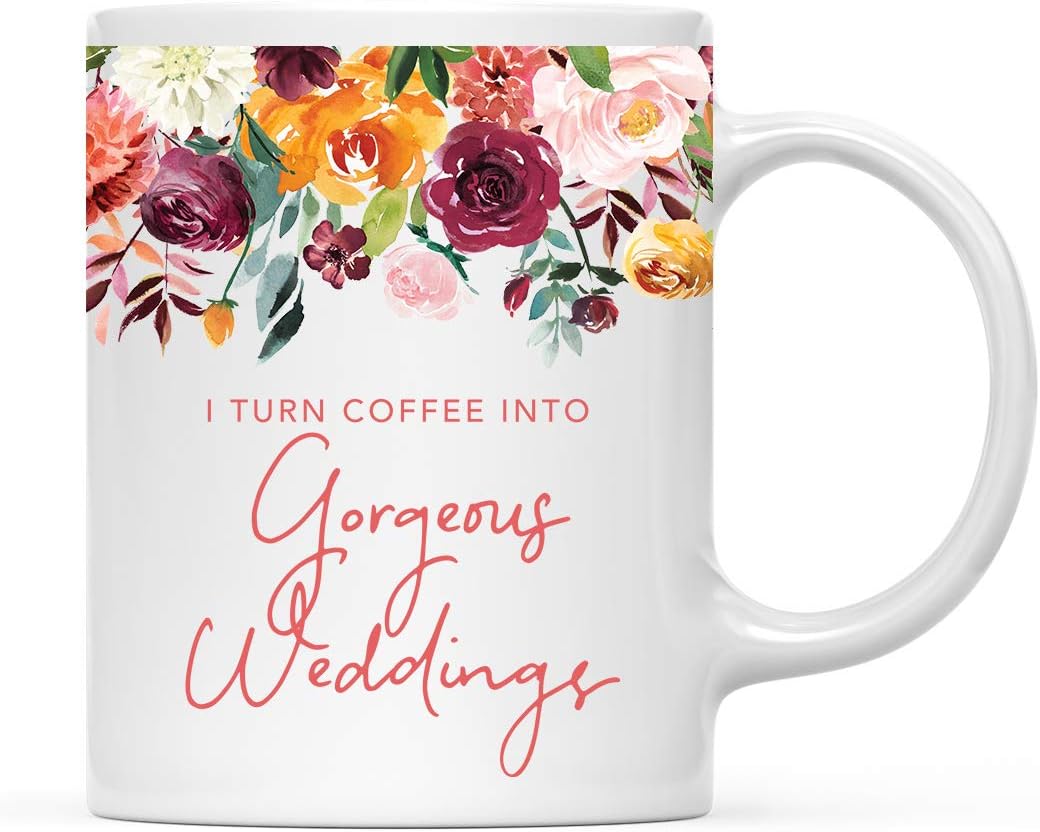 Andaz Press 11oz. Wedding Ceramic Coffee Tea Mug Gift for Wedding Planner, Fall Autumn Burgundy Orange Peach Flowers Roses Florals, I Turn Coffee Into Gorgeous Weddings, 1-Pack, Includes Gift Box