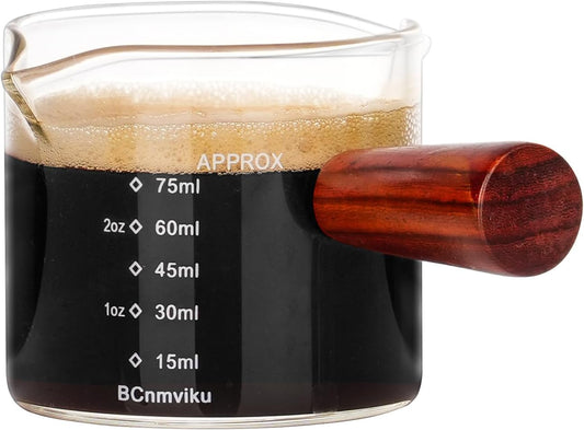 1 Pack Double Spouts Measuring Triple Pitcher Milk Cup with Wood Handle 75ML Espresso Shot Glasses Parts Clear Glass By BCnmviku