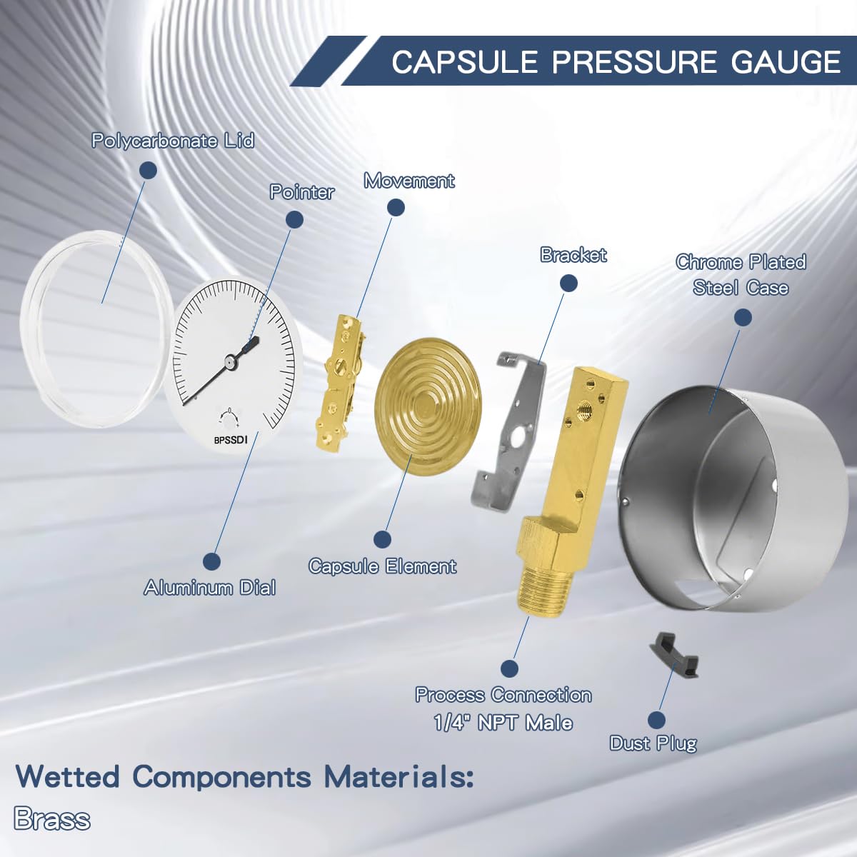 0-60 Inches of Water Column Gauge, Low Pressure Gauge, Capsule Gauge, 304 Stainless Steel Case, 2.5" Dial Size, 1/4" NPT Lower Mount, Zero Adjustment, for Air Water Gas Pressure Test