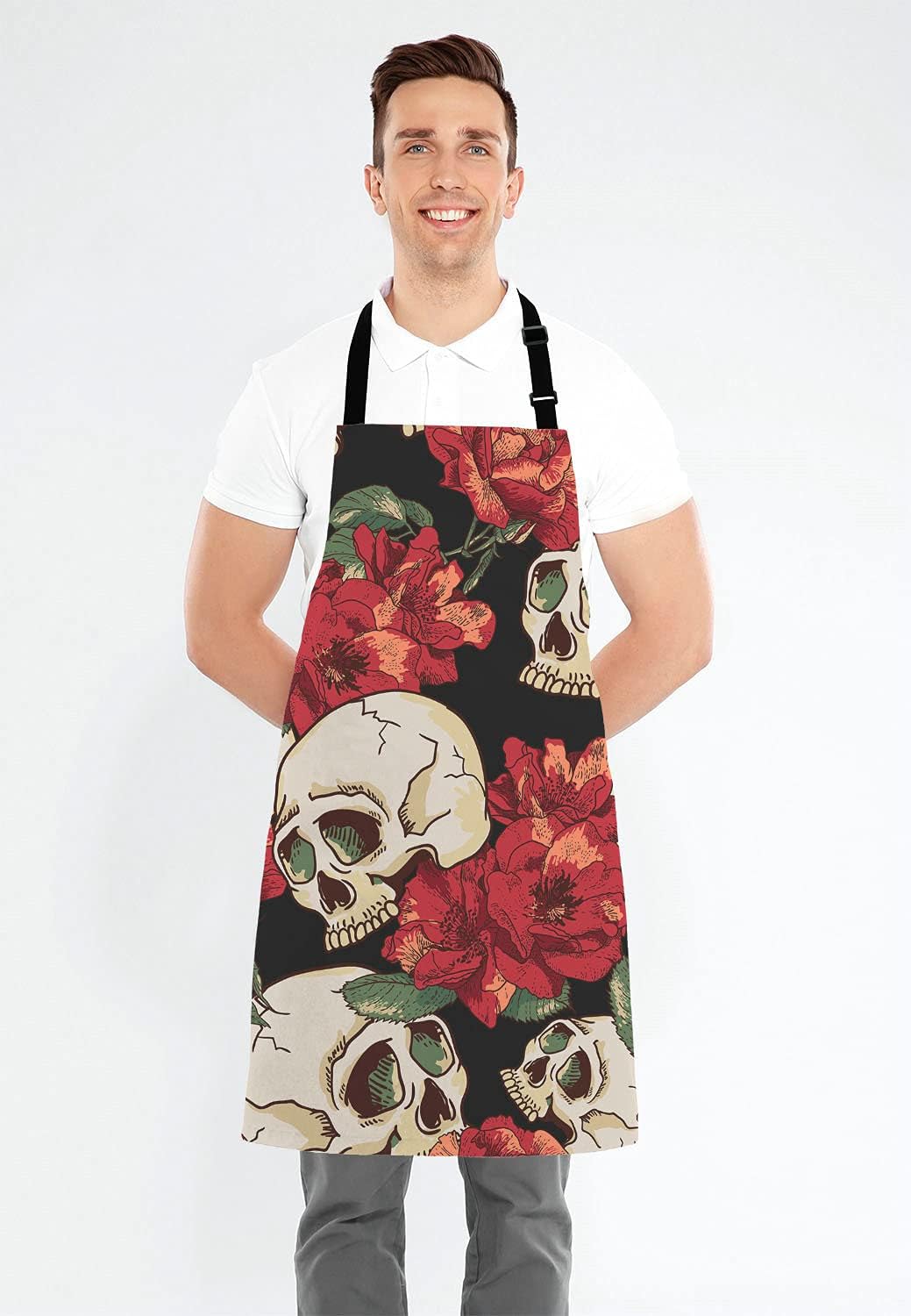 Skull Apron for Women and Men, Flowers Skull Adjustable Kitchen Chef Apron for Cooking Baking - Cute Birthday, Anniversary, Mother's Day Apron Presents for Mom Wife Girlfriend Aunt Grandma