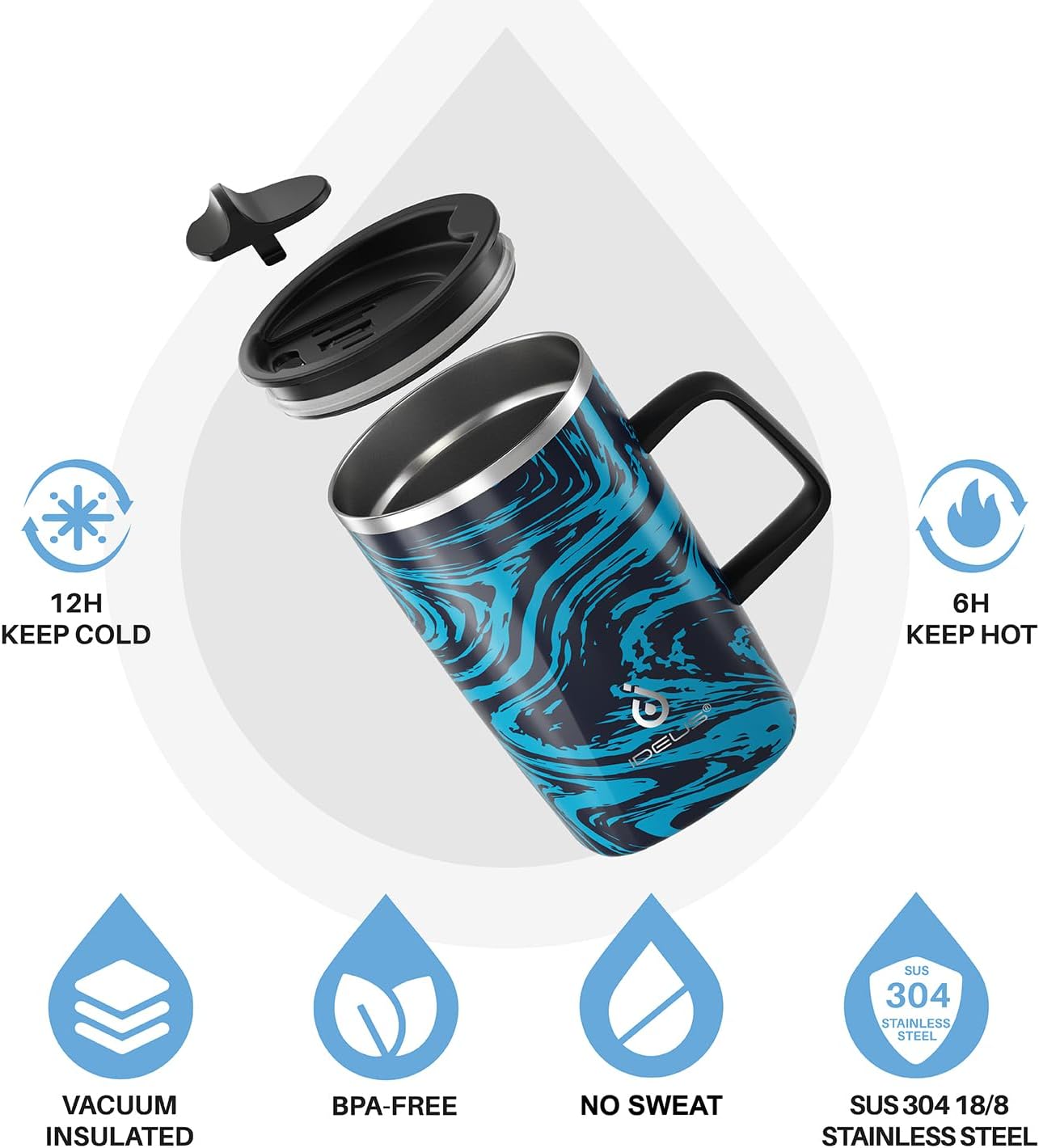Ideus Vacuum Insulated Coffee Mug, 16oz Reusable Stainless Steel Thermal Double Walled cup with Handle and Slider Lid for Hot & Cold Beverages, BPA Free (Blue Zebra)