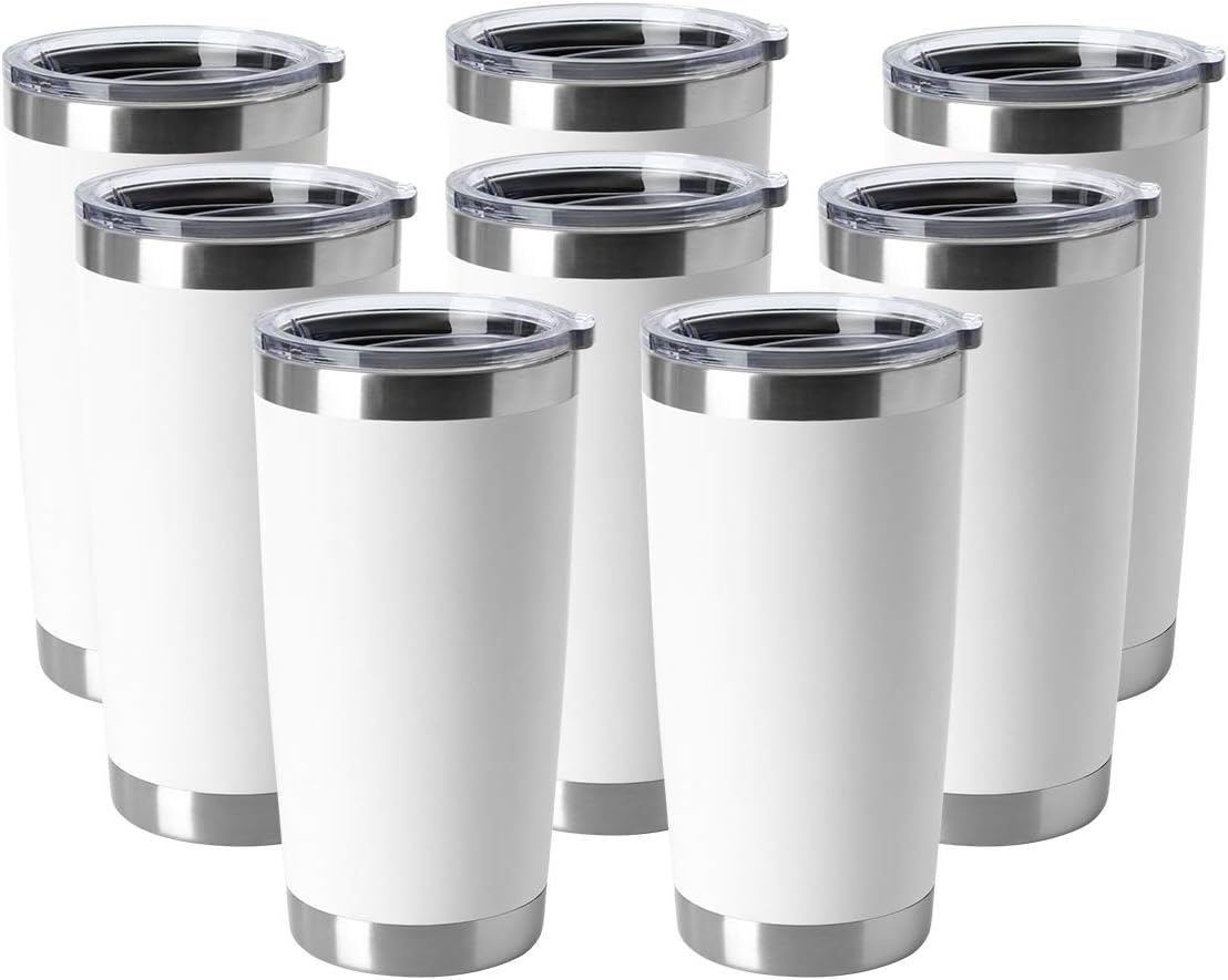 HASLE OUTFITTERS 20oz Tumblers Bulk Stainless Steel Cup with Lid Double Wall Vacuum Insulated Coffee Mug for Cold & Hot Drinks 8 Pack, White