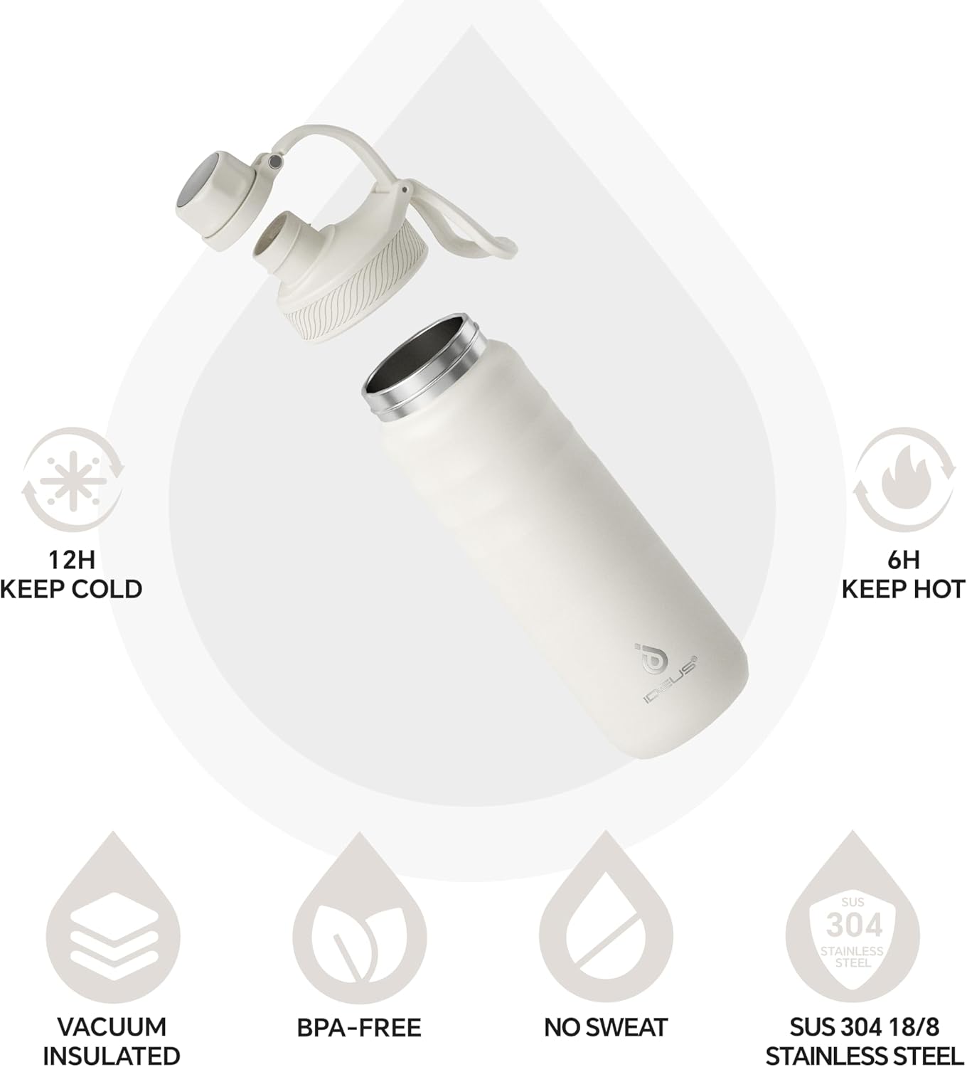 IDEUS Insulated Stainless Steel Water Bottle with 2 Leak-Proof Lids, Thermal Water Flask for Hiking Biking, 24oz, White