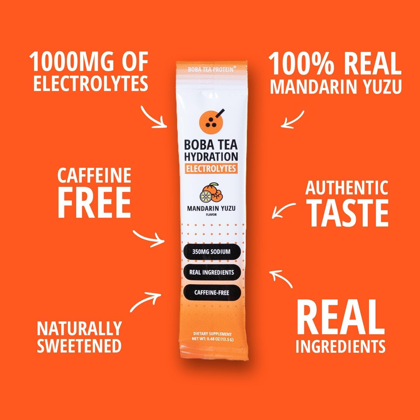 Boba Tea Hydration | Electrolyte Powder Drink Mix | Mandarin Yuzu | 1000mg Electrolytes, Vitamin C | 16 Stick Packets