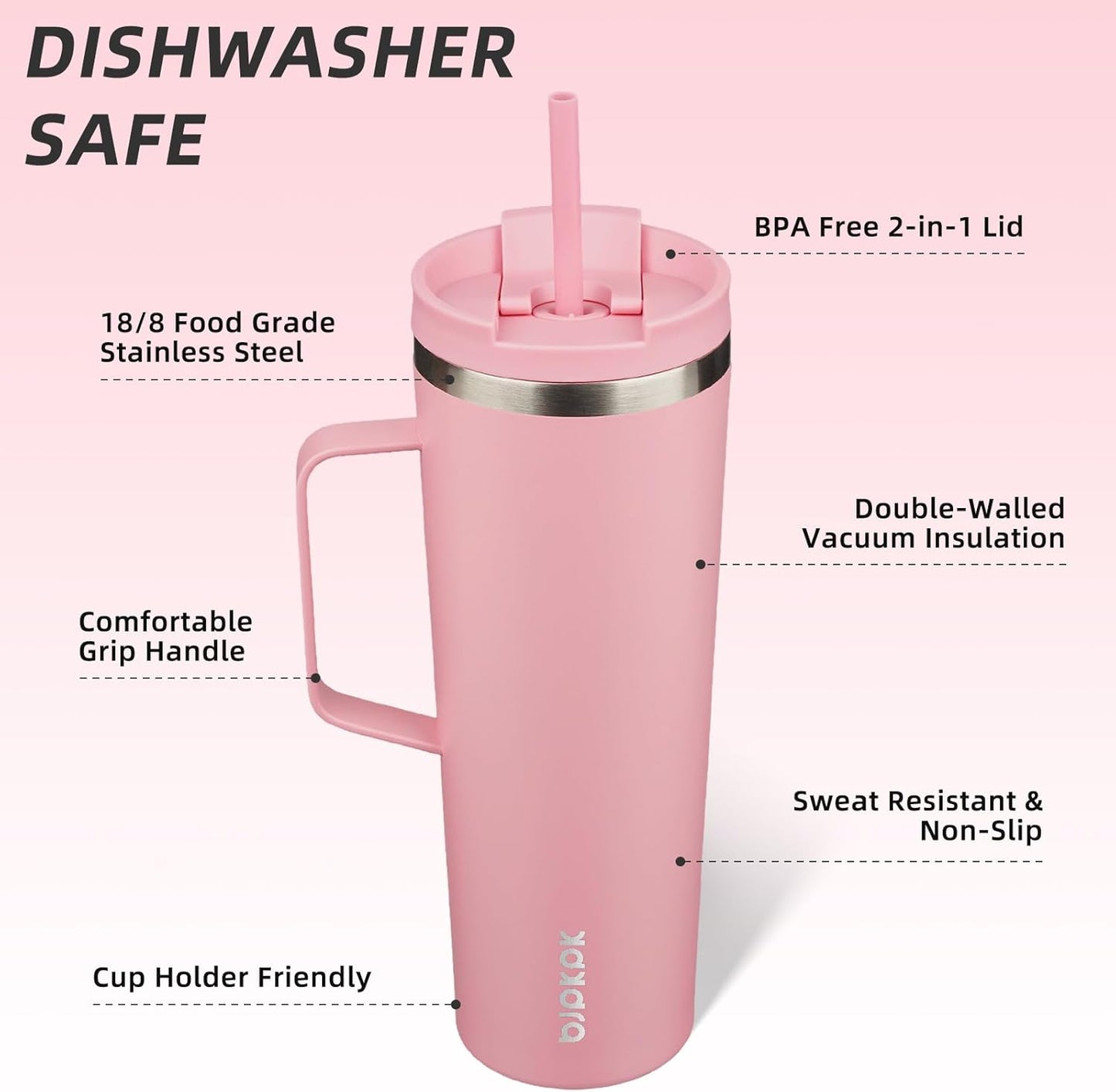 BJPKPK Insulated Tumbler with Handle, 30oz Insulated Tumblers with Lid and Straw, Stainless Steel Metal Water Bottles, Coffee Travel Mugs, Cups, Light Pink