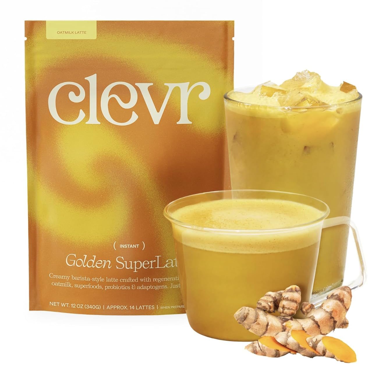Clevr Blends Turmeric Powder, Golden Milk Instant Latte Mix, Superfood Powder with Oat Milk, Lions Mane, Reishi Mushroom, Organic Spices, Coconut Cream, Ashwagandha, Serve Hot or Iced, (14 Lattes)