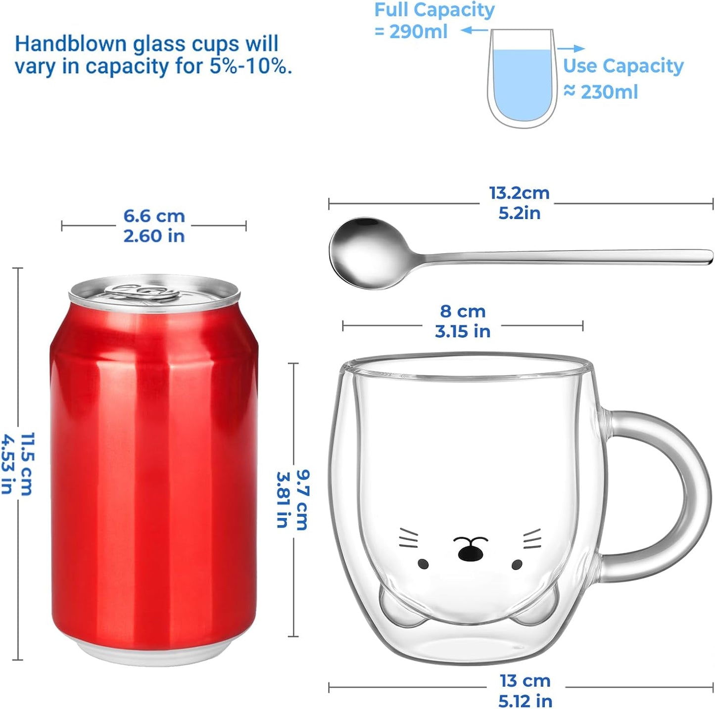 ecooe Cute Bear Mug Glass Coffee Cup 9.8oz Double Walled Glass Mug Cappuccino Latte Glass Cup with Handle Spoon, Milk Tea Bear Cup Birthday Christmas Valentine's Day Gifts for Women Kids Girls Friends