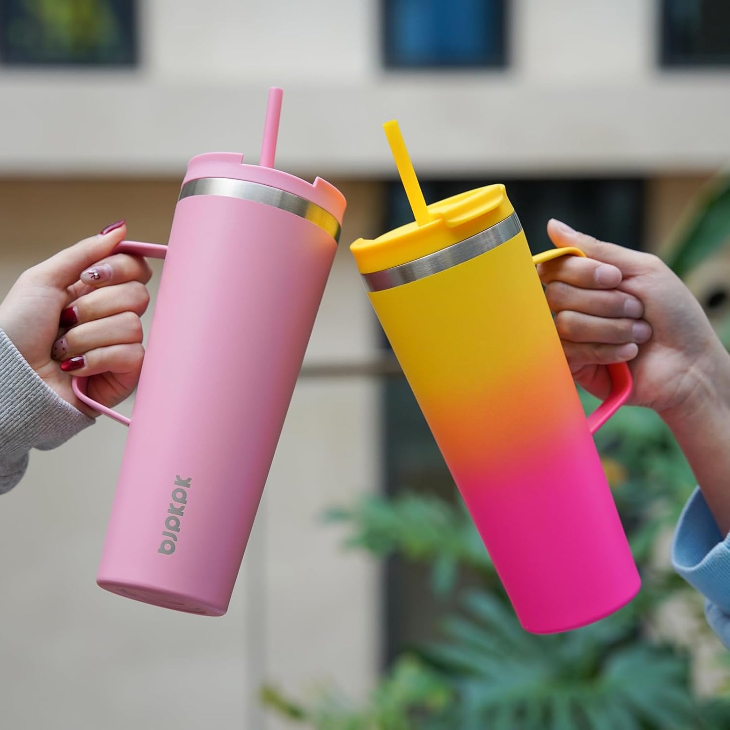 BJPKPK Insulated Tumbler with Handle, 26oz Insulated Tumblers with Lid and Straw, Stainless Steel Metal Water Bottles, Coffee Travel Mugs, Cups, Pink & Yellow Rose