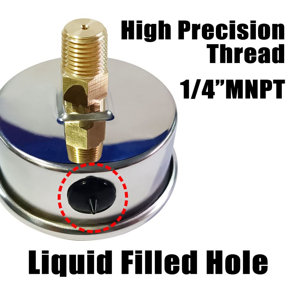 Pressure Gauge 1/4" NPT 0-60Psi Glycerin Filled 2 1/2 inch Dial 304 Stainless Steel Case Center Back Mount