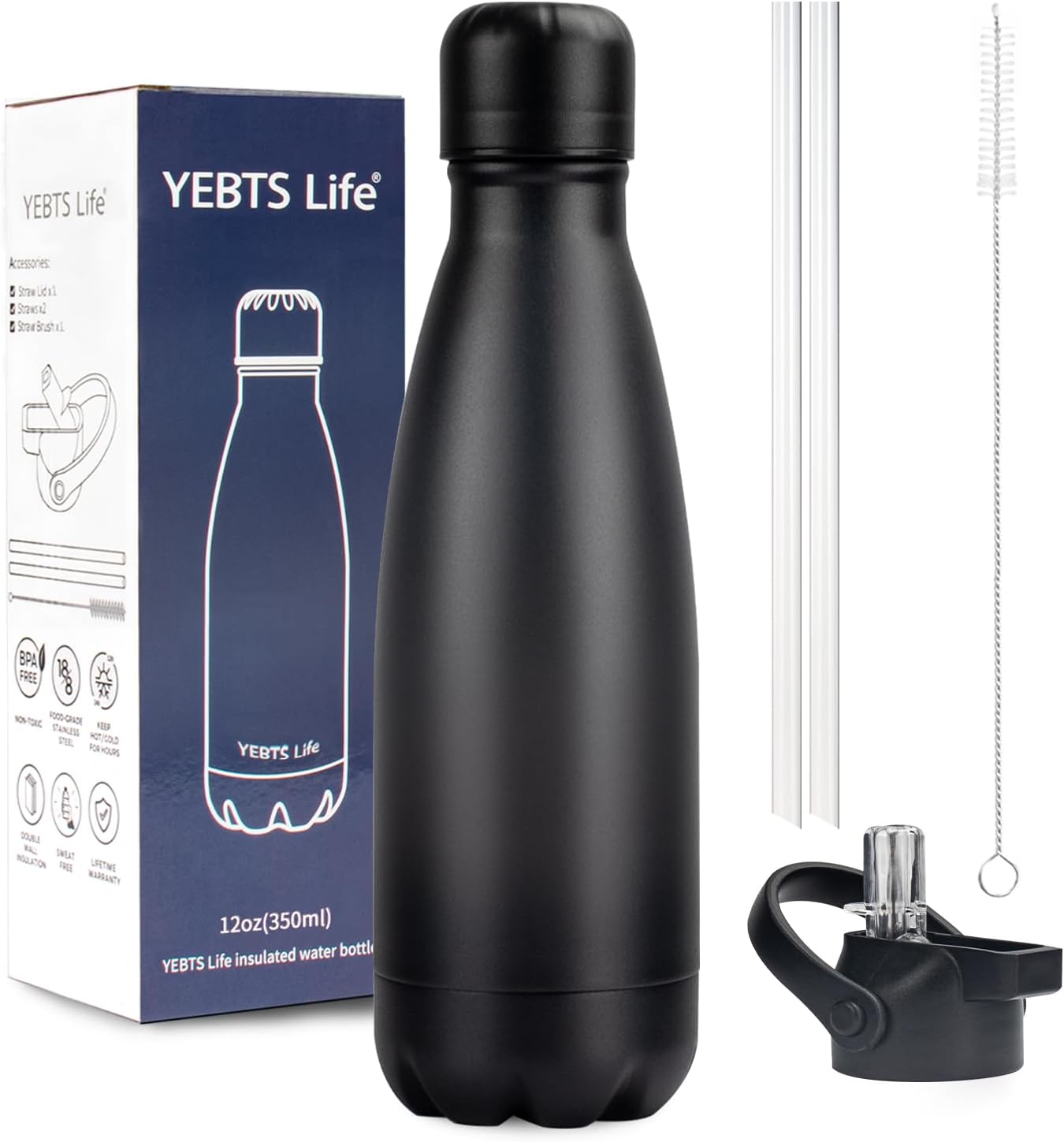 Insulated Water Bottle, 12oz Stainless Steel Water Bottles with straw lid, Metal Sports Water Bottles for Boys,Girls, Double Wall Vacuum BPA-Free Flask for School, Sports & Travel-Black