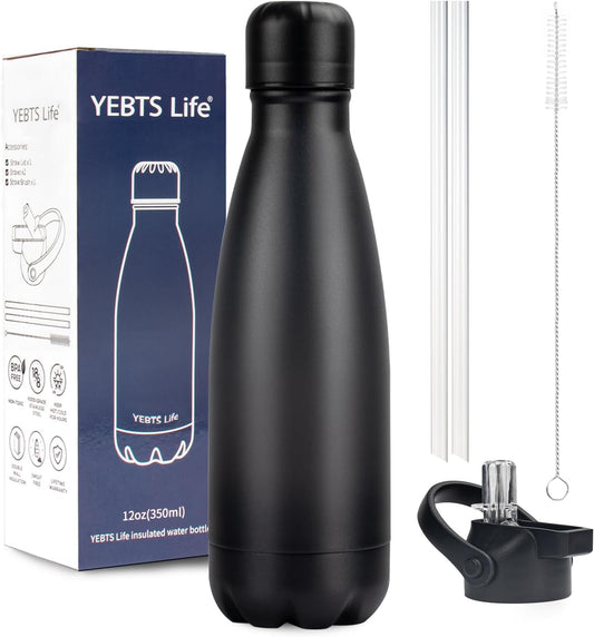 Insulated Water Bottle, 12oz Stainless Steel Water Bottles with straw lid, Metal Sports Water Bottles for Boys,Girls, Double Wall Vacuum BPA-Free Flask for School, Sports & Travel-Black