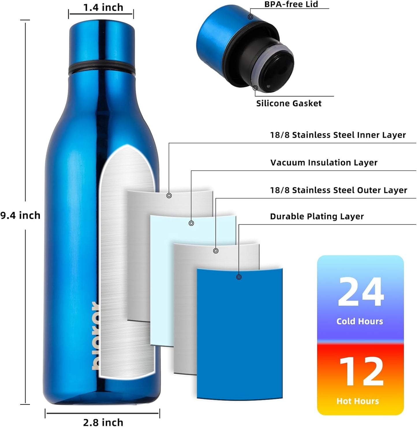 BJPKPK Insulated Water Bottles, 18 oz Stainless Steel Metal Water Bottle with Strap, BPA Free Leak Proof Thermos, Mugs, Flasks, Reusable Water Bottle for Sports & Travel, Shining Blue