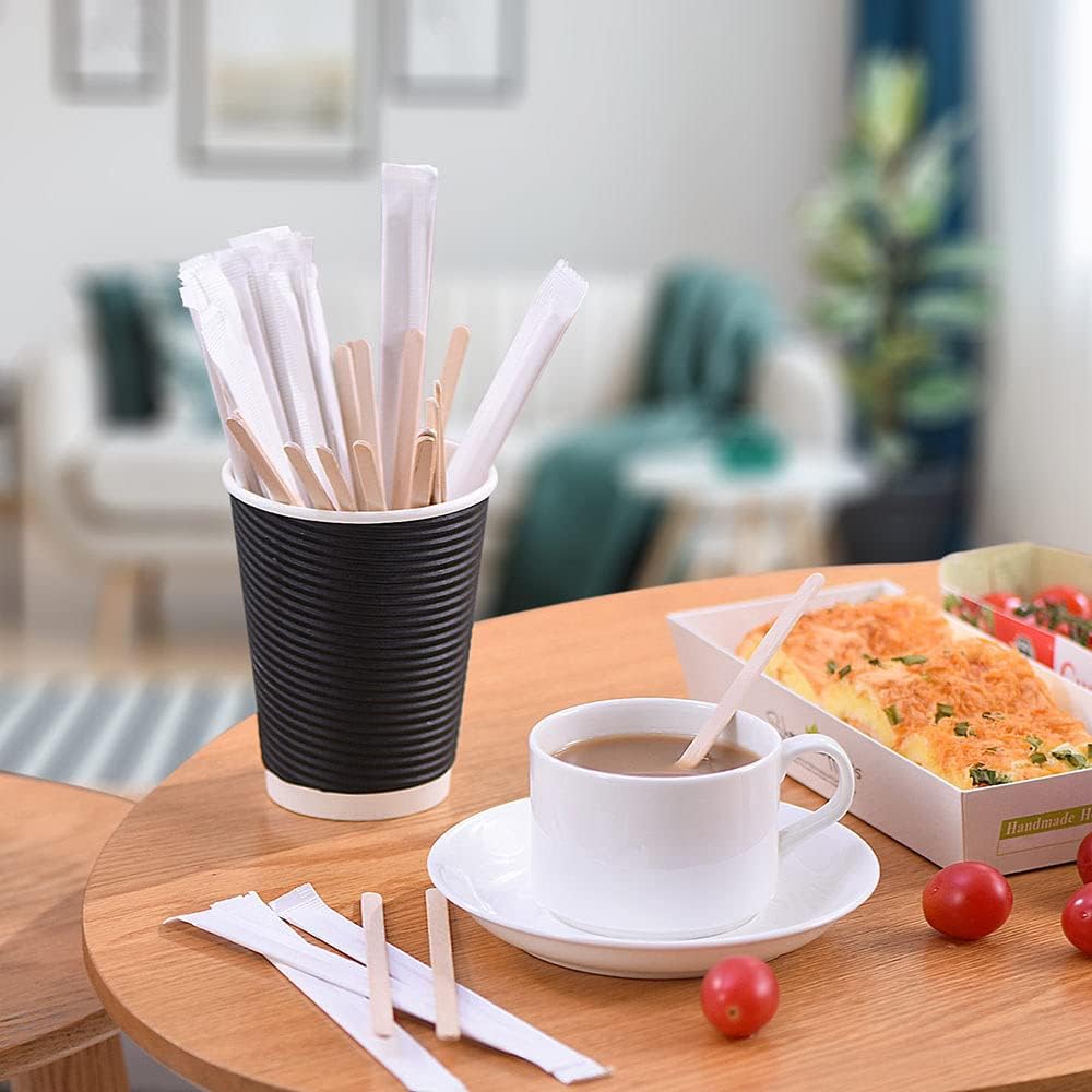 1000pcs Individually Wrapped Coffee Stirrers Wood - 5.5" Coffee Stir Sticks, Round End Disposable coffee stirrer, For Coffee, Cocktail and Hot Drinks