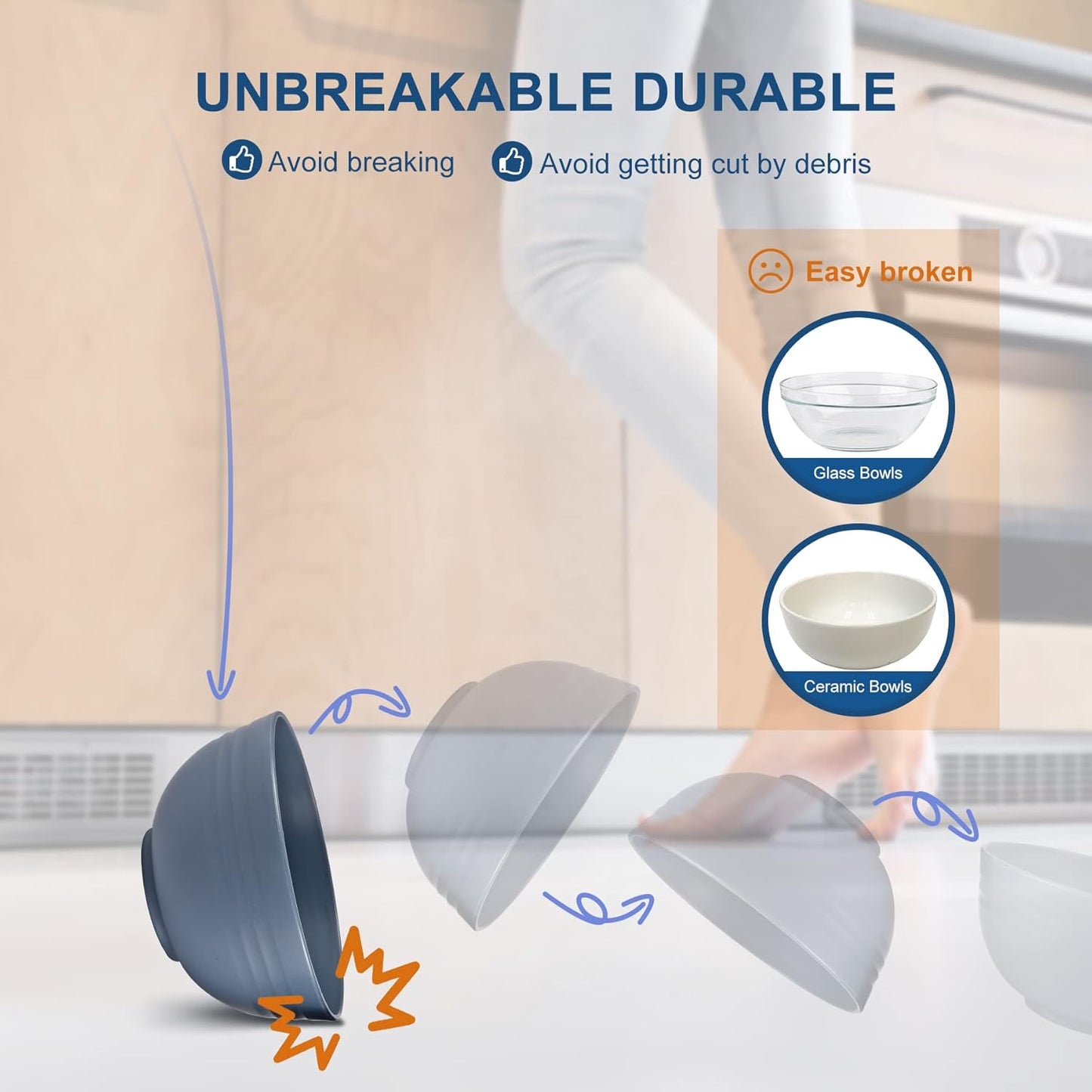 HOTEC BPA Free Unbreakable Wheat Straw Cereal Bowls - Microwave & Dishwasher Safe Soup and Salad Bowls, Set of 8, 26oz, Classic Blue