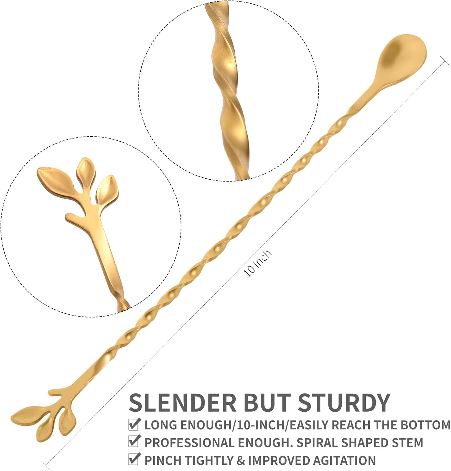 AnSaw Gold 10-Inch Stainless Steel Cocktail Spoon with Leaf Handle - Perfect for Mixing & Layering Drinks in Tall Cups, Bar & Shakers - Durable Long Handle Bar Stirrer,1-Pieces