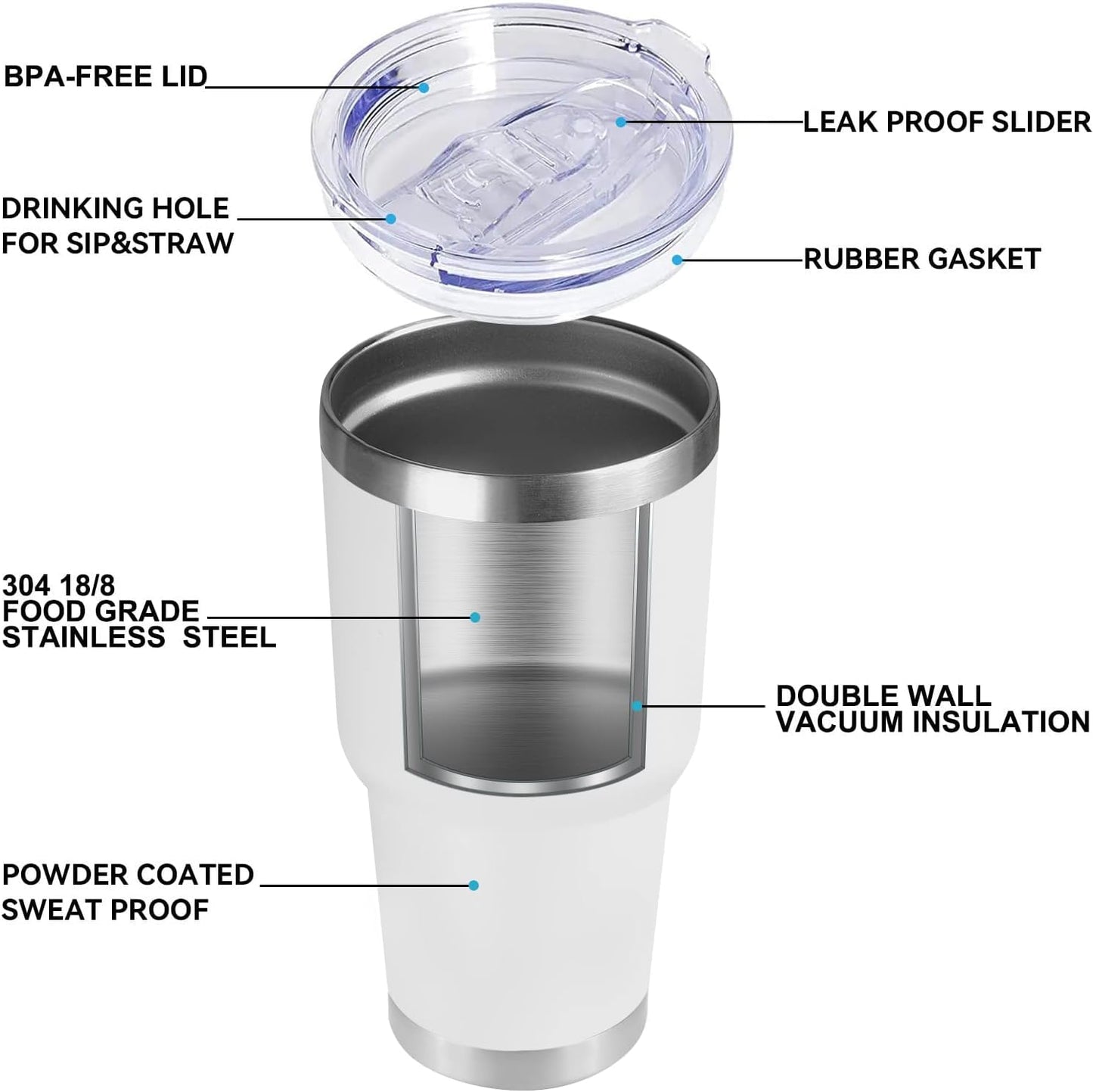 DOMICARE 30 oz Tumbler with Lid and Straw, Stainless Steel Tumblers Bulk, Insulated Vacuum Double Wall Travel Coffee Mug, Durable Powder Coated Tumbler Cups (White, 12)