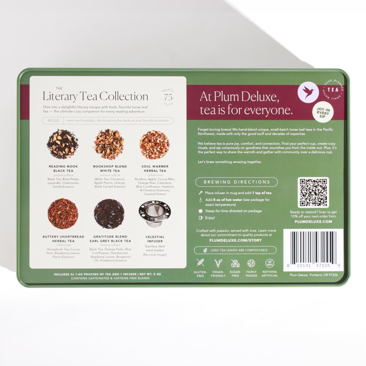 iterary Tea Collection Assorted Tea Gift Set - Hand-Crafted Loose Leaf Teas, Presentation Gift Box with Loose Leaf Steeper Included - Mixed Caffeine - 5 Unique and Flavorful Teas, 75+ Cups