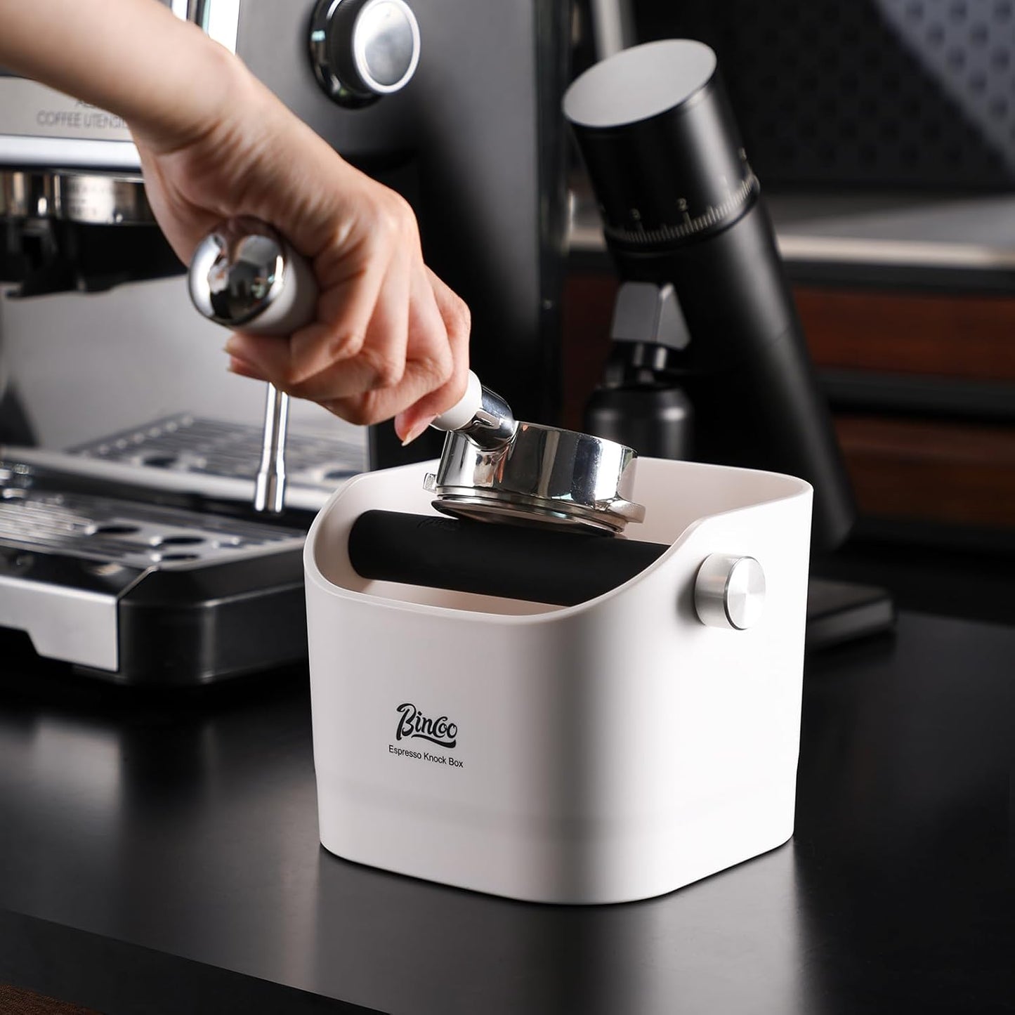 Espresso Knock Box - Bincoo Espresso Machine Knock Box/Espresso Grounds Knock Box, Barista Style Coffee Knock Box for Grounds with Removable Shock-Absorbent Knock Bar and Anti-Slip Base. (White)