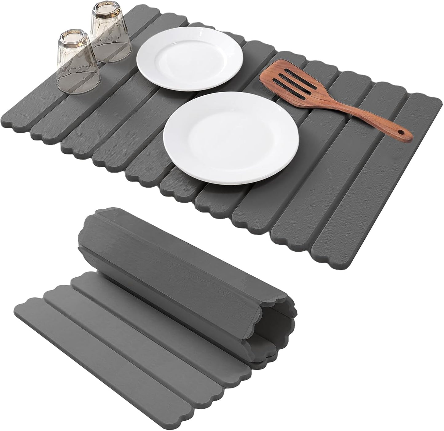 Extral Large Quick Dry Stone Drying Mat for Kitchen Counter,24x16 Inch Collapsible Eco-Friendly Absorbent Diatomaceous Earth Mat for Dishes Cups,Dish Drying Mats (Dark grey-Love shape, 24x16 inch)