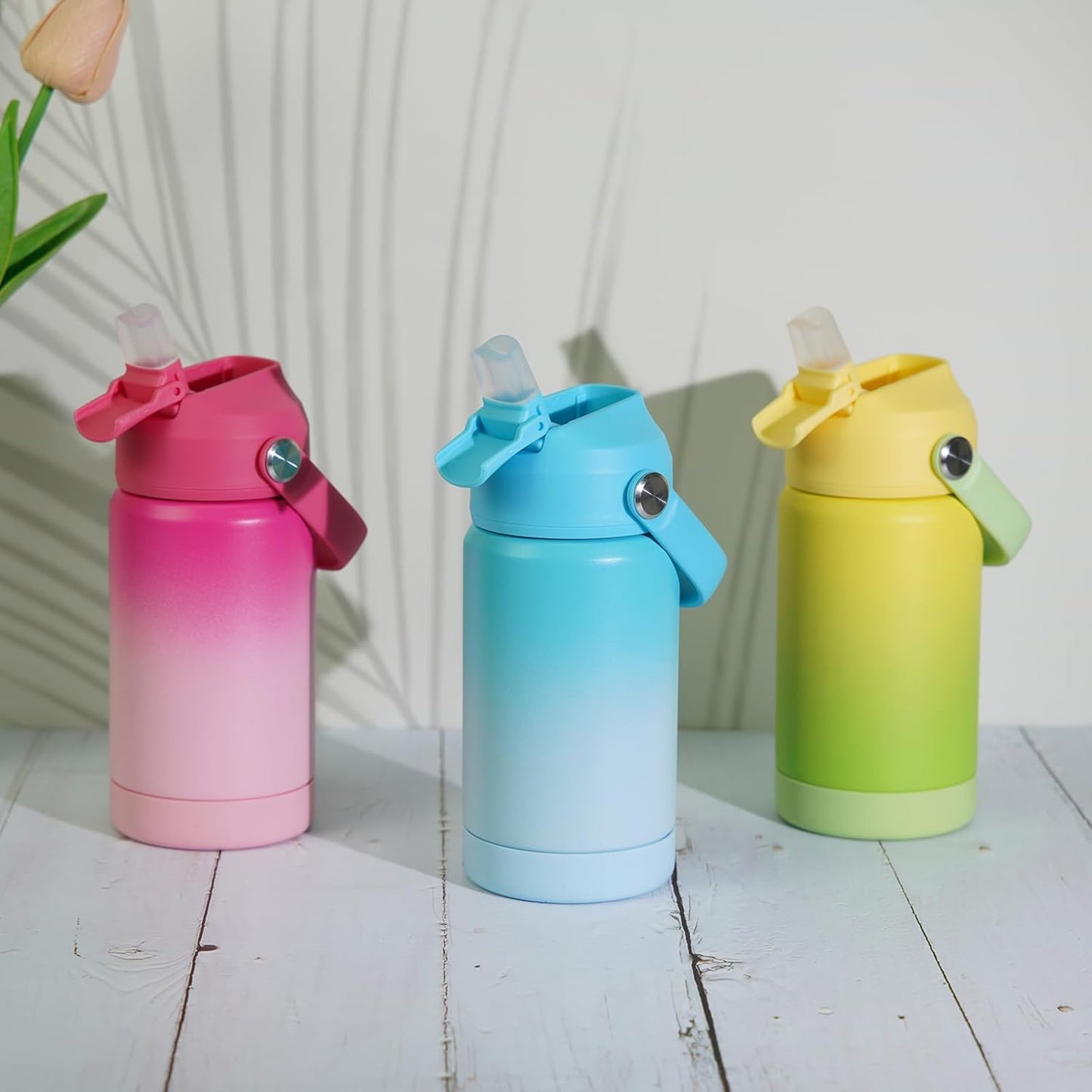 BJPKPK Insulated Water Bottle with Straw Lid, 12oz Thermos Water Bottles, Flex Handle & Non-slip Boot, BPA Free Leak Proof Stainless Steel Metal Thermos, Tumblers, Cups, Sea Salt