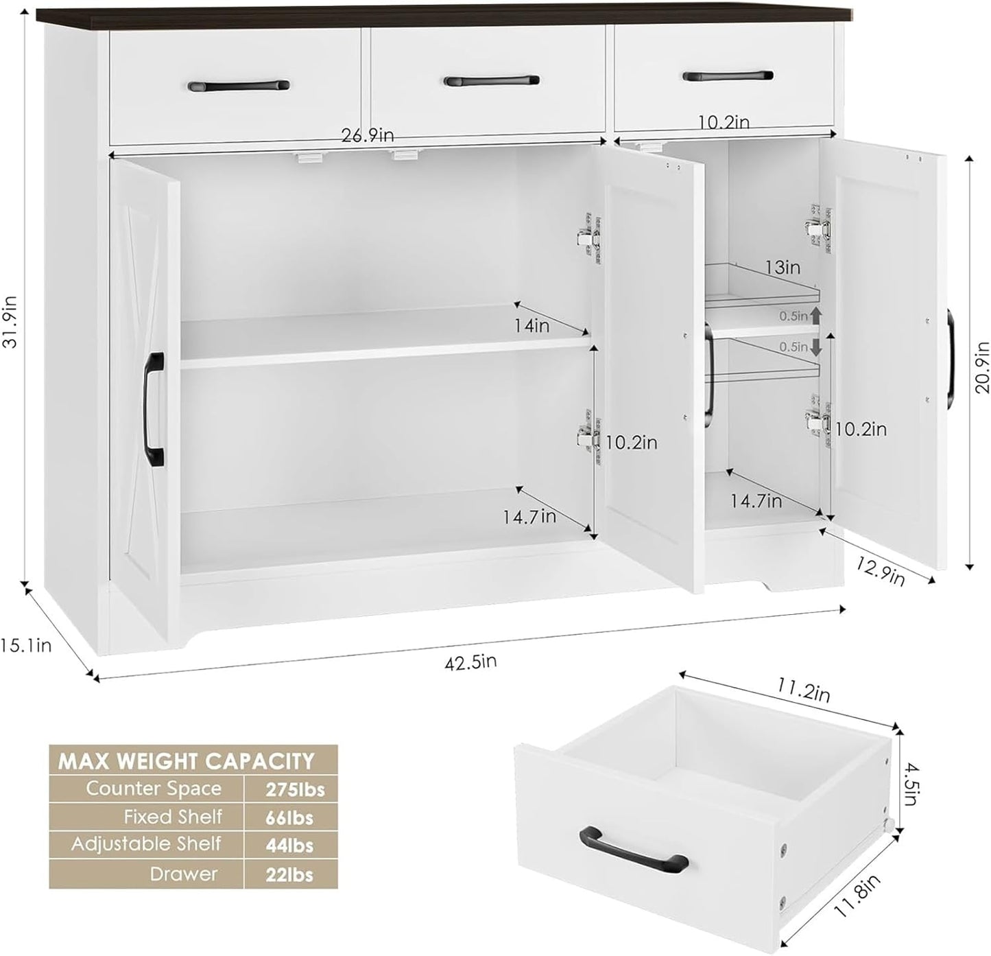 HOSTACK Modern Farmhouse Buffet Sideboard Cabinet, Barn Doors Storage Cabinet with Drawers and Shelves, Wood Coffee Bar with Storage for Dining Room, Kitchen, Living Room, White/Black