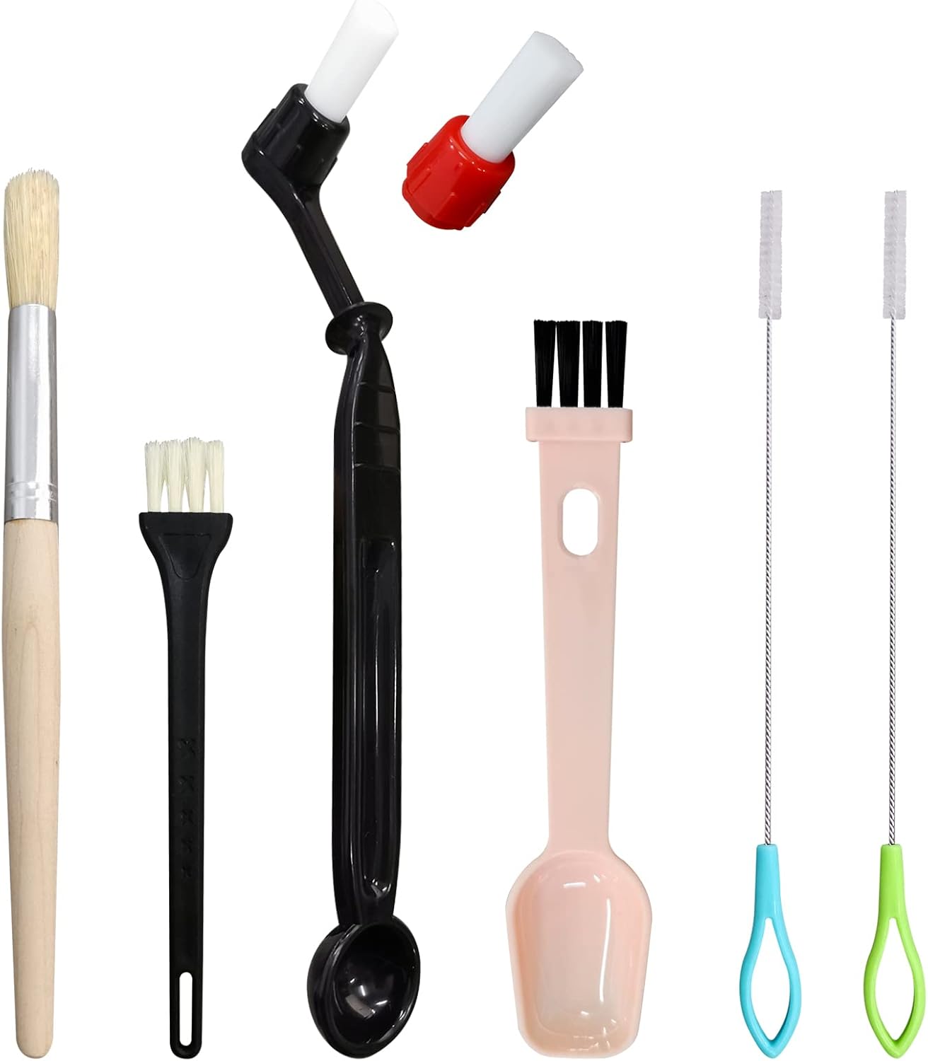 7 Pcs Coffee Machine Cleaning Brush, Espresso Machine Brush with Detachable Head, Wooden Plastic Brush with Bristles for Grinder, Plastic Spoon with Brush & 2Pcs Espresso Steam Wand Brushes