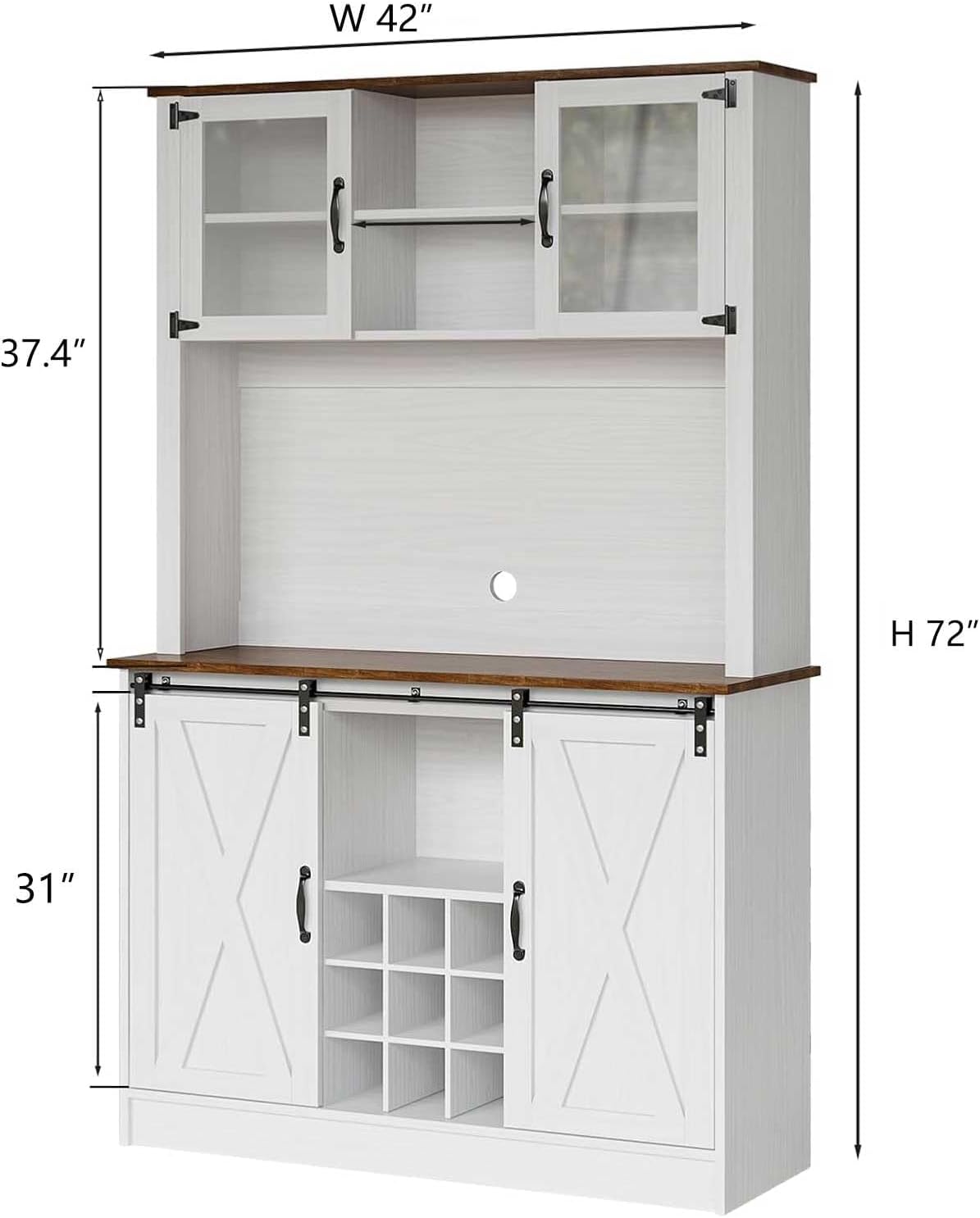 4ever2buy Farmhouse Coffee Bar Cabinet with 2 Glass Doors, 72'' White Bar Cabinet with Sliding Barn Door, Tall Wine Bar with 9 Racks, Coffee Bar Hutch with Storage for Living Room