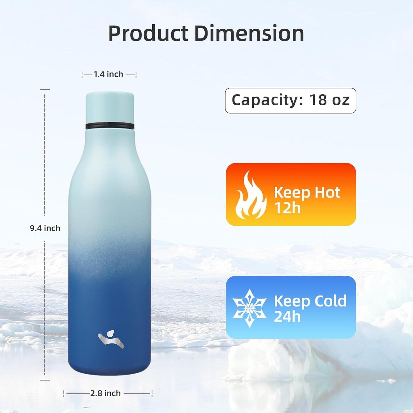 Insulated Water Bottle with Strap,18 oz Double Wall Stainless Steel Vacuum Bottles Metal Water Flask,Sky