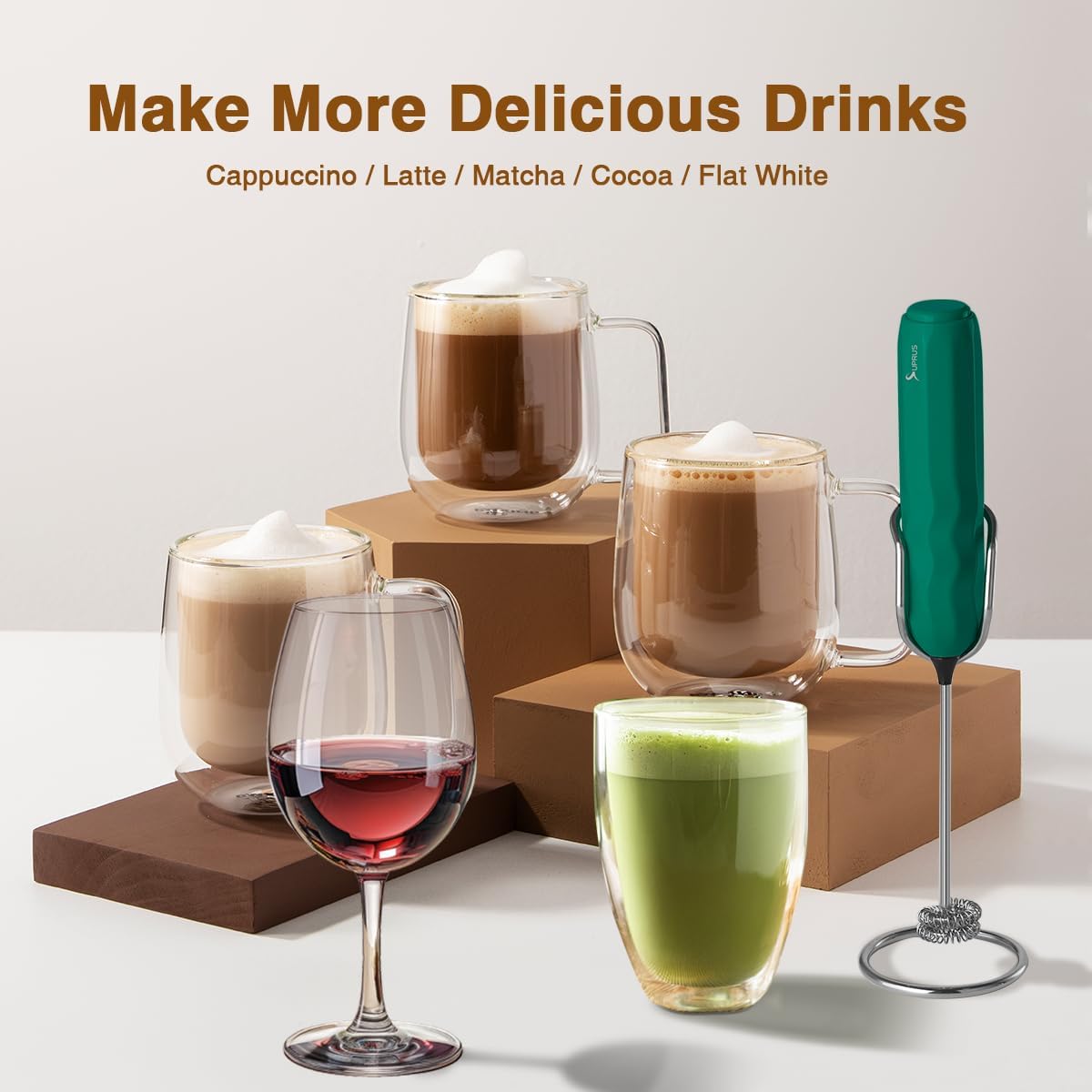 SUPRUS Ultra Fast Handheld Milk Frother Double Whisk with Stand 2 Batteries Stainless Steel for Lattes Cappuccino Matcha Hot Chocolate Coffee Bar Accessories Kitchen Gadgets Gift