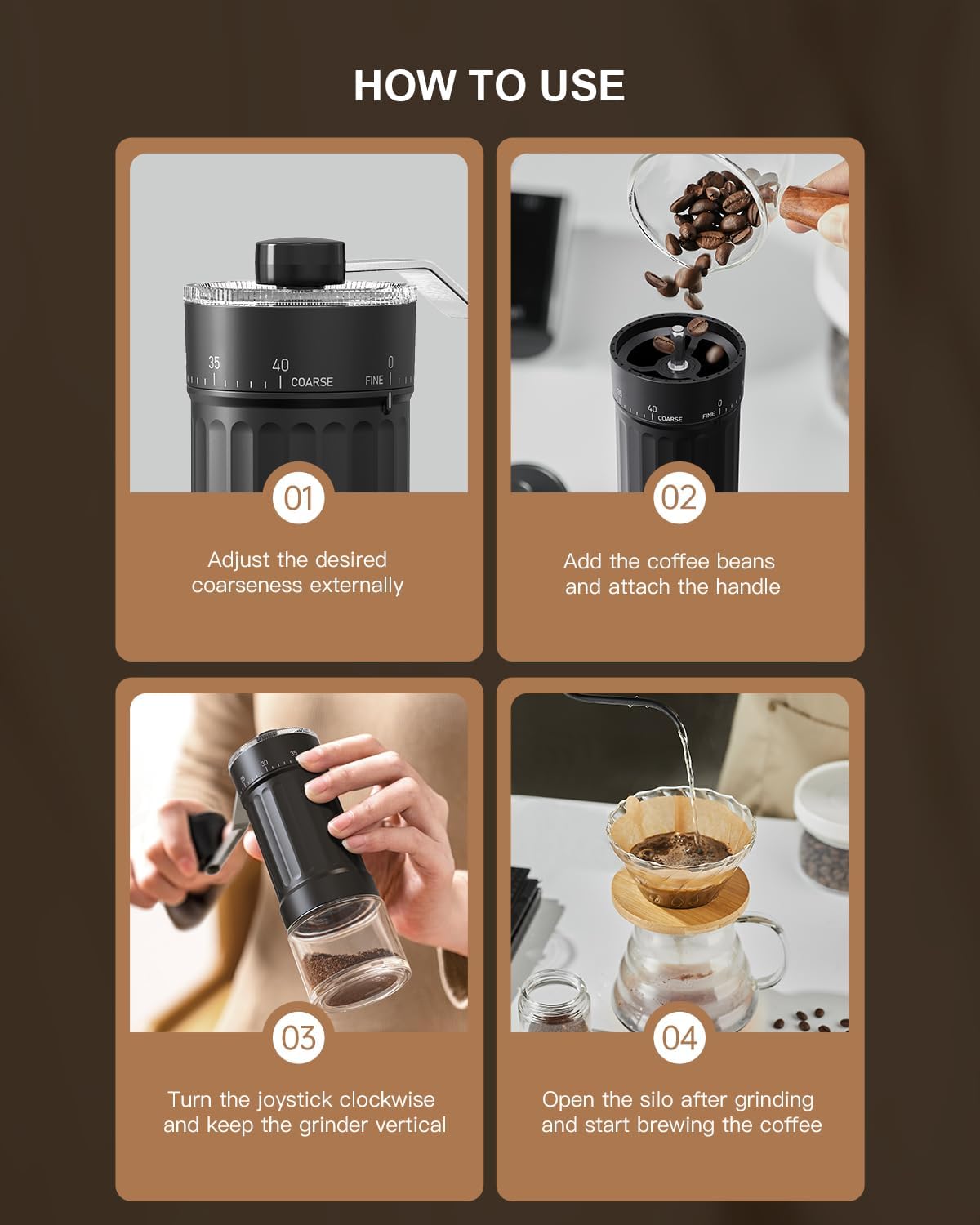 CIRCLE JOY Manual Coffee Grinder with 40 Levels External Adjustment and Ceramic Burr, Portable Hand Coffee Grinder Set with Pour Over Coffee Dripper, 50 Count V60 Coffee Filters and Storage Bag